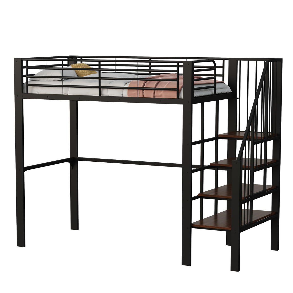 HOCHBETT 90/200 cm DE-01447, in Schwarz, mit Stauraum und Treppe - Schwarz, Metall (90/200cm) - ComfortXL