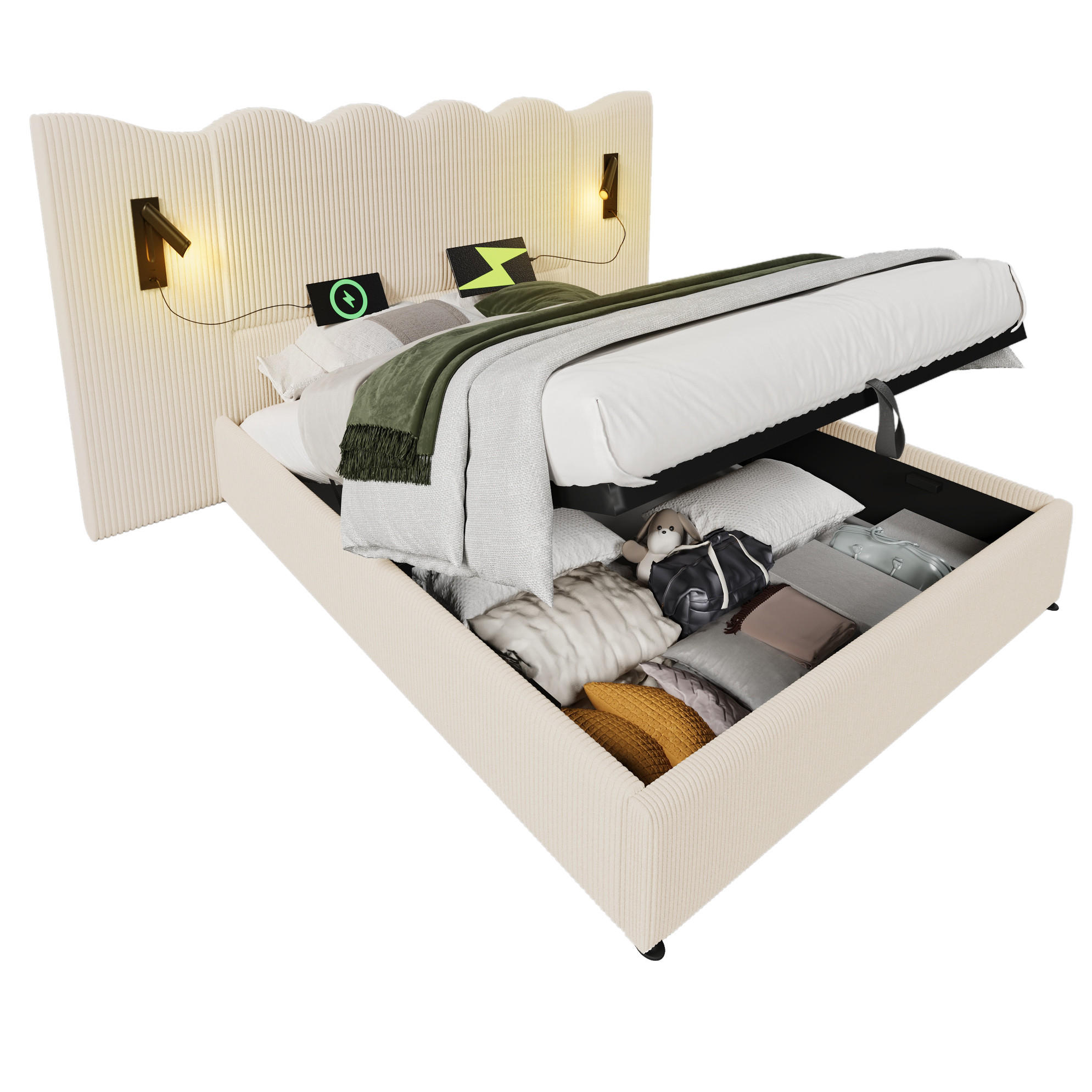 POLSTERBETT mit Bettkasten 180/200 cm in Cord Beige-Weiß mit Leselampe - Beige, Leder (180/200cm) - BEAOK