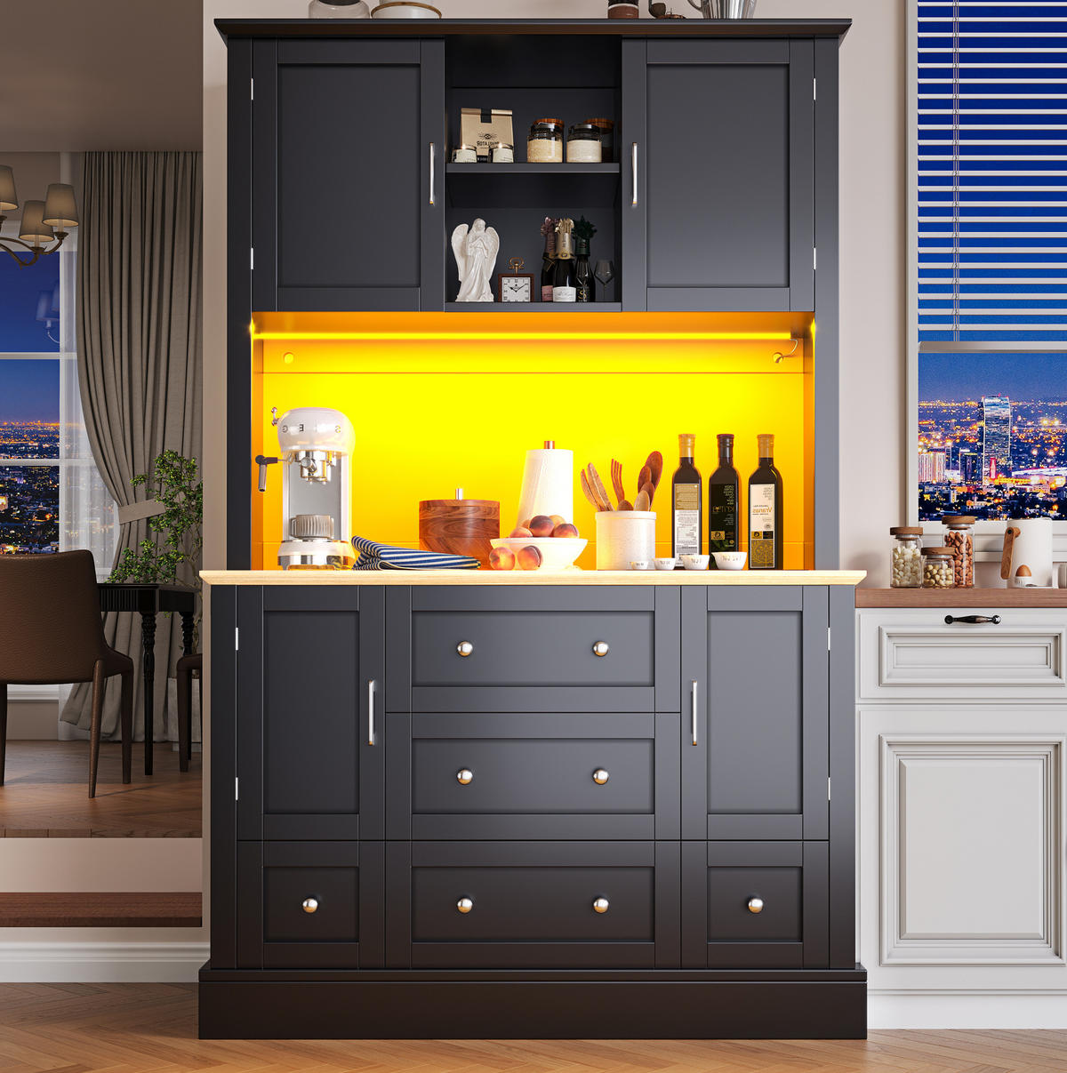 ANRICHTE Hochschrank 115/40/180 cm aus MDF mit LED-Beleuchtung und App-Steuerung Schwarz/Natur - Schwarz, Holzwerkstoff (115/180/40cm) - Modenvie
