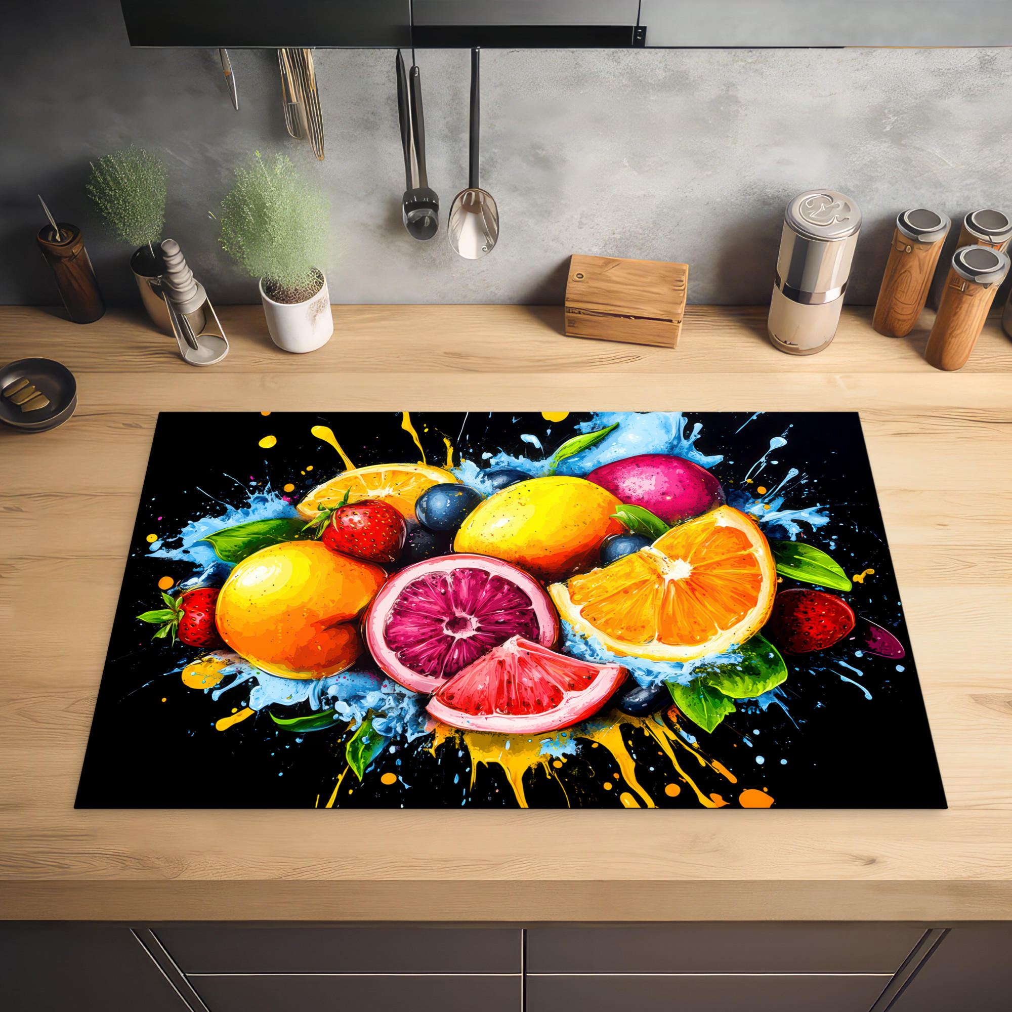 HERDABDECKPLATTE Obst - Graffiti - Bunt - Orange - Erdbeere - Abstrakt 81x52 cm - Orange, Kunststoff (81/0.2/52cm) - MuchoWow