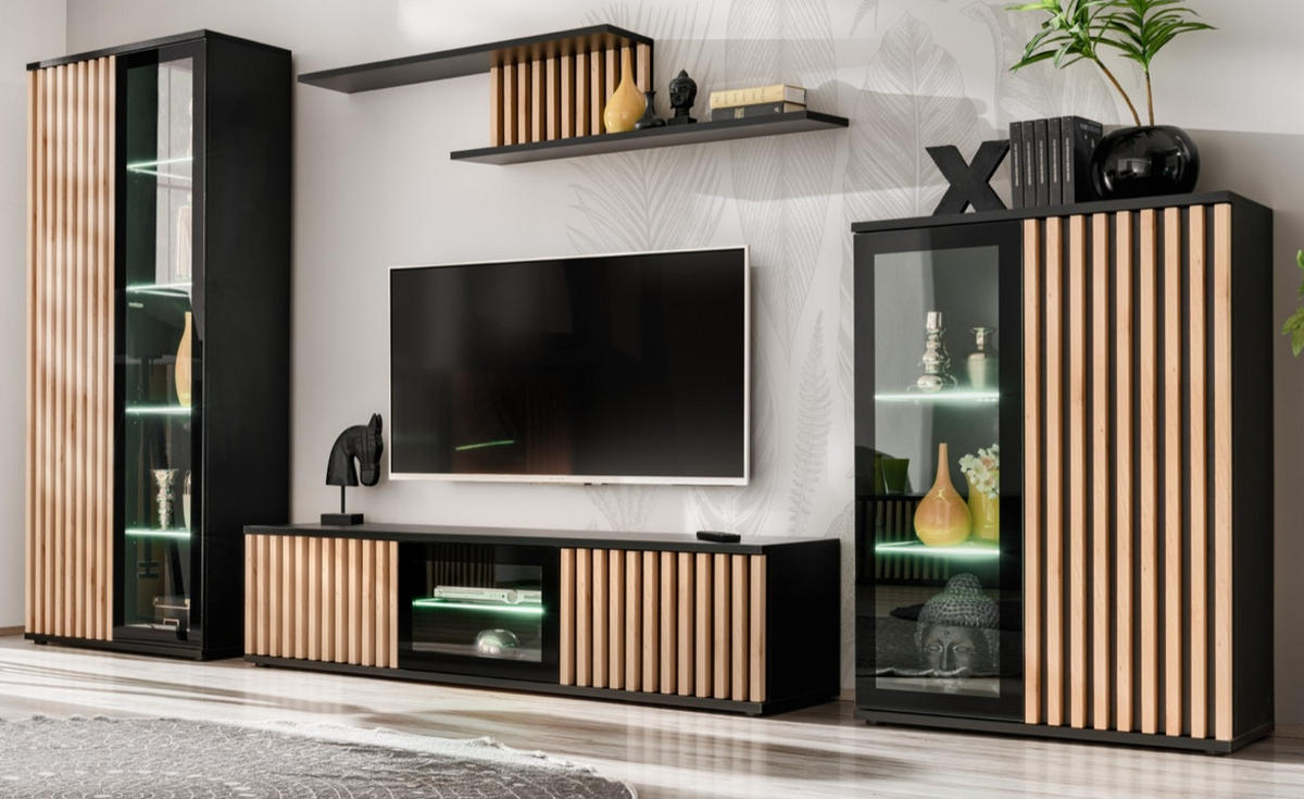 WANDBOARD schwarz, Eiche Jackson 162 cm, Wandregal mit 3D Lamellen - Eichefarben/Schwarz, Holzwerkstoff (160/30/25cm) - Furn.Design