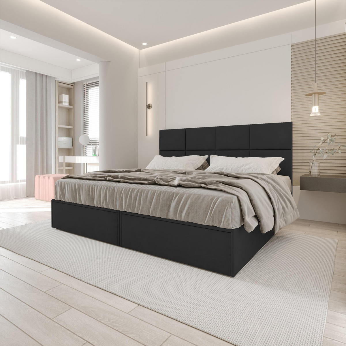 BOXBETT 160x200 cm, GARDA, Bettkasten und Taschenmatratze, Elegant Topper und Schubladen, Schwarz - Schwarz, Holzwerkstoff/Kunststoff (160/200cm) - Trada