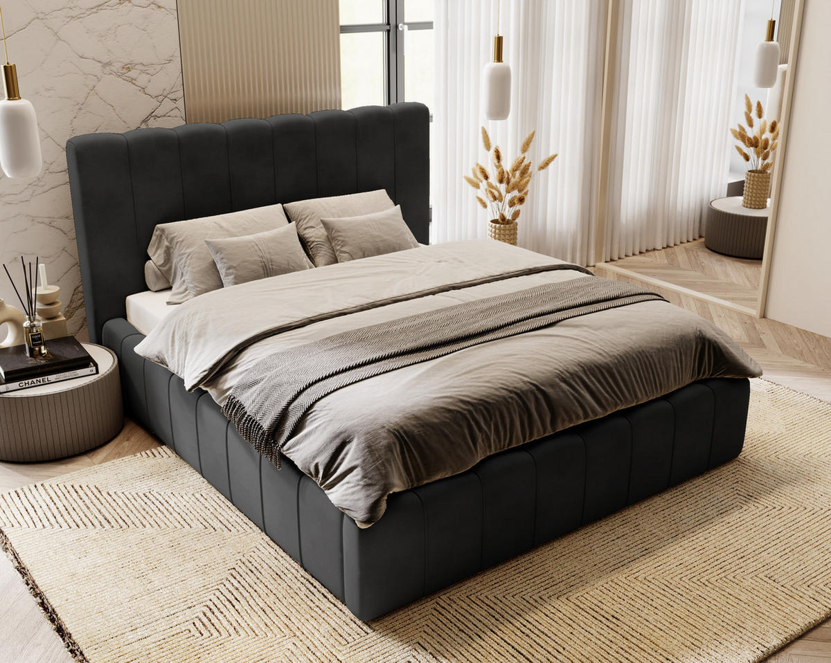 DOPPELBETT mit Bettkasten 200x200 Porto, Lattenrost, Schwarz - Schwarz, Holz/Textil (200/200cm) - Emporius