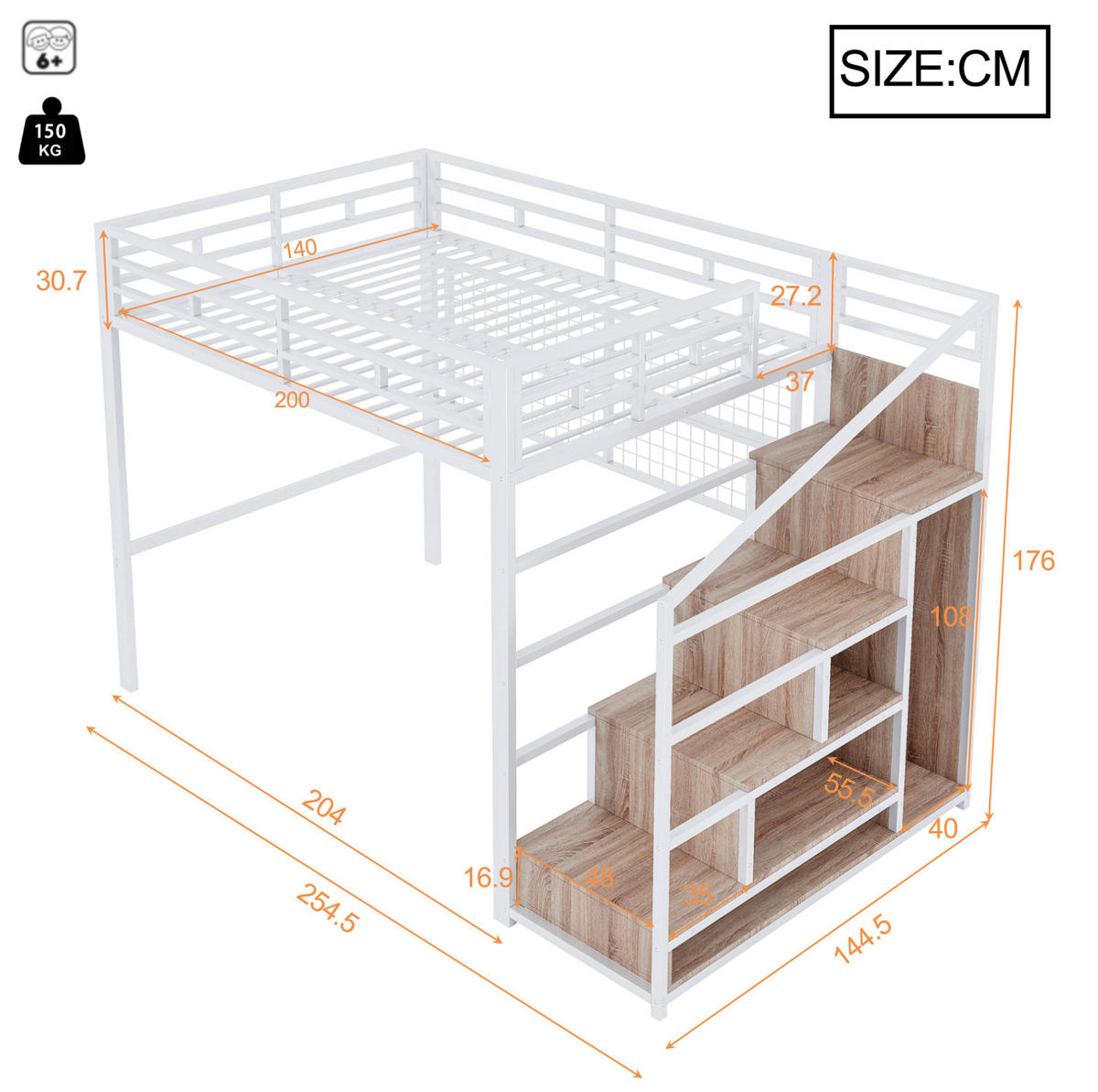 HOCHBETT 140/200 cm aus Metall mit Kleiderschrank, Weiß - Weiß, Metall (140/200cm) - OKMYHOME