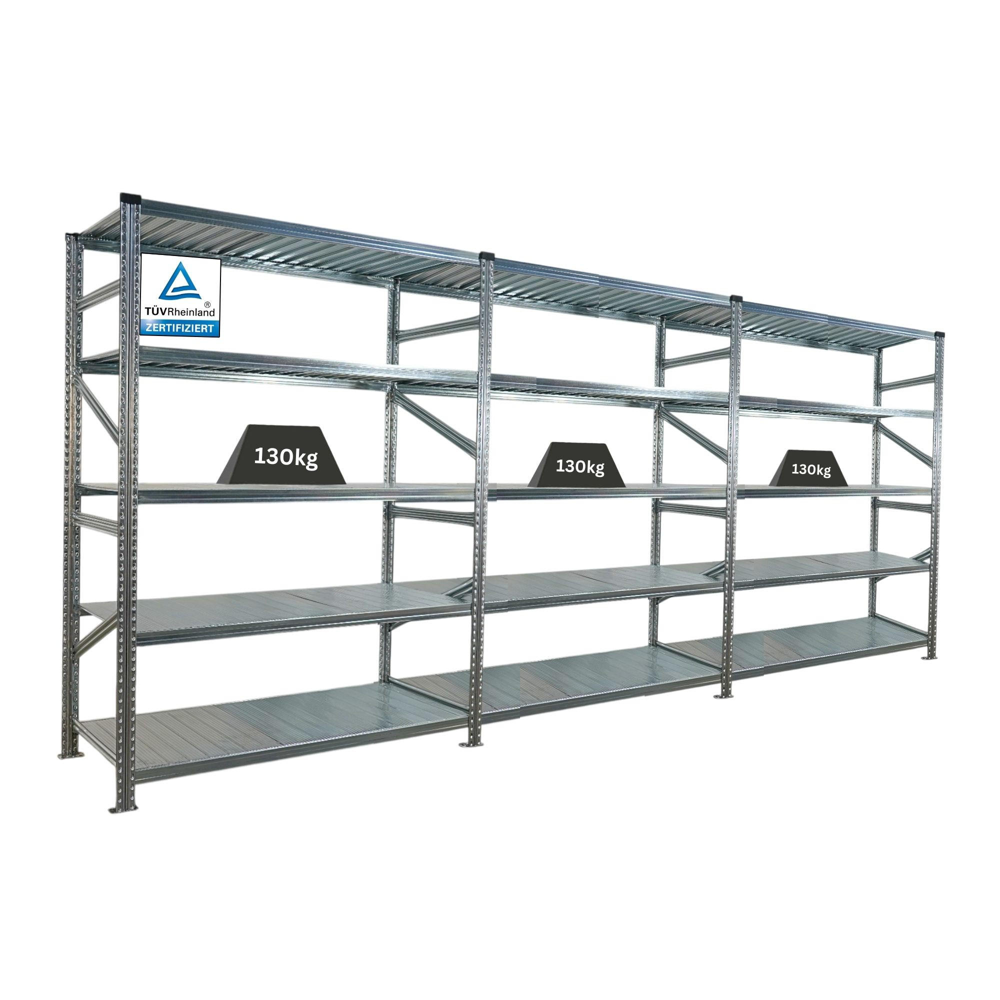 FACHBODENREGAL Proximo 200x450x60cm 5 Ebenen Fachlast 130 kg Beidseitig nutzbar Verzinkt - Silberfarben, Metall (450/200/60cm) - PROREGAL