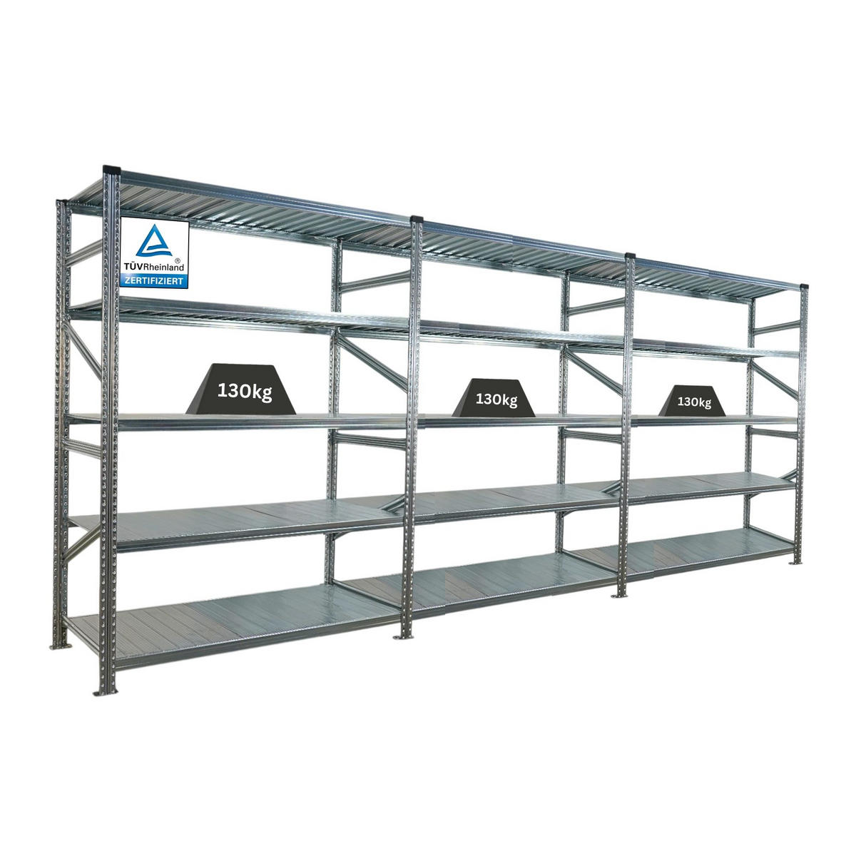 FACHBODENREGAL Proximo 200x450x60cm 5 Ebenen Fachlast 130 kg Beidseitig nutzbar Verzinkt - Silberfarben, Metall (450/200/60cm) - PROREGAL