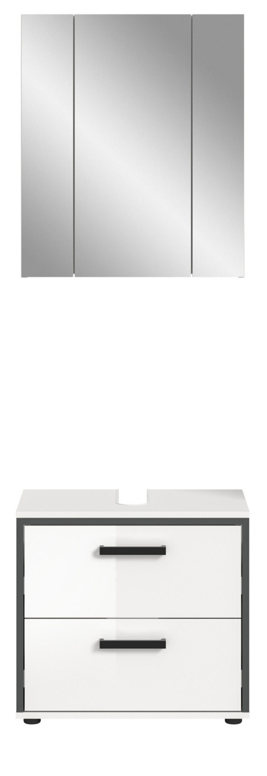 BADMÖBEL-SET 2-teilig weiß Hochglanz, grau, Badkombination 60 x 190 cm - Weiß Hochglanz/Schwarz, Glas/Holzwerkstoff (60/190/37.5cm) - Inn.Furn