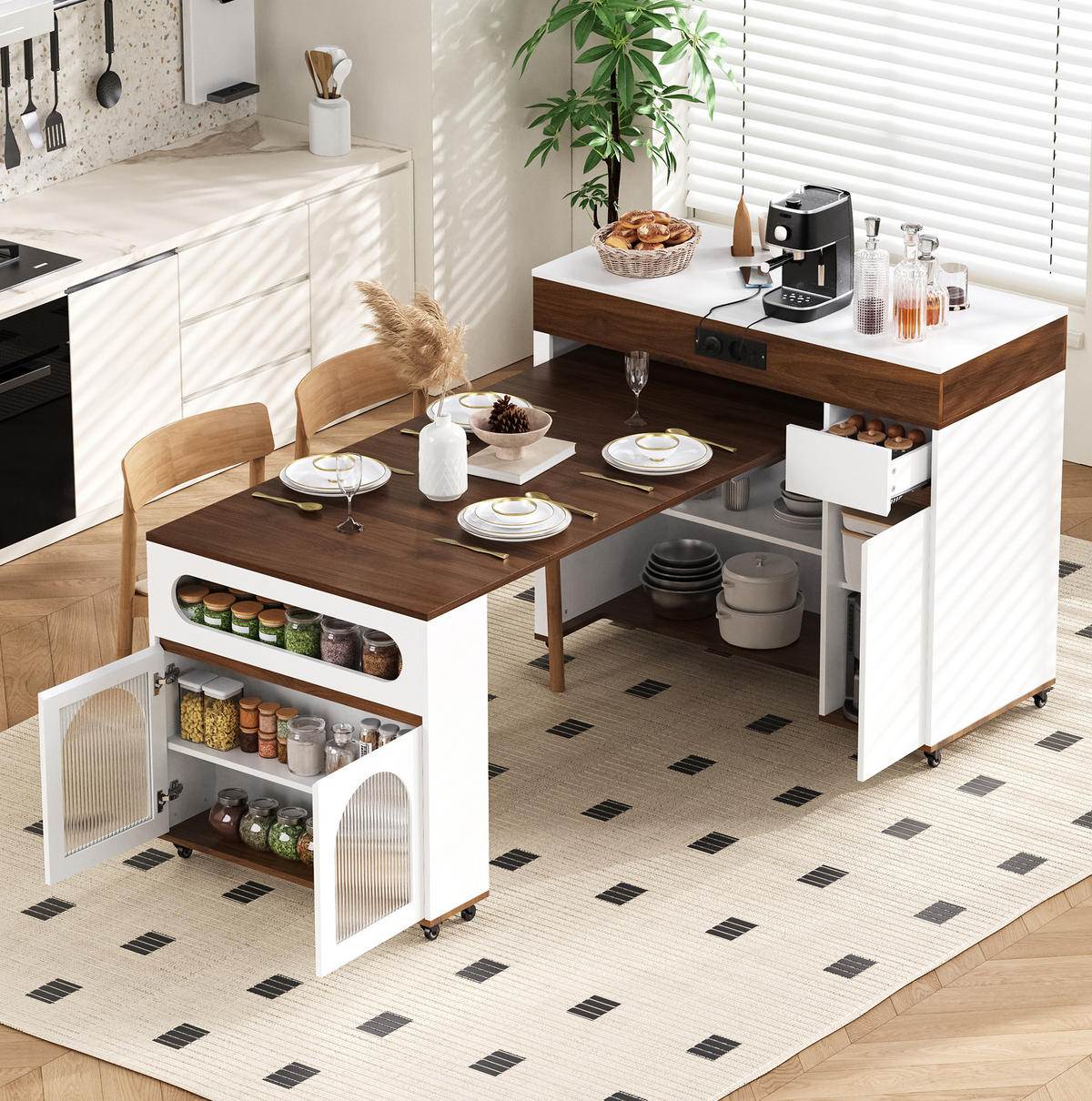 KÜCHENINSEL 50,5-187,5/110,5/95,5 cm aus MDF mit ausziehbarer Tischplatte Weiß/Walnussfarben - Walnussfarben, Holzwerkstoff (110.5/95.5/50.5cm) - Modenvie