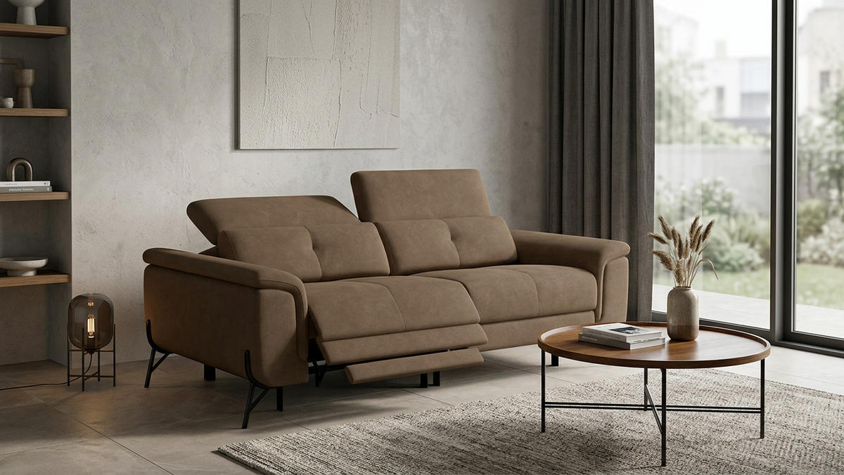 SOFA RELAX AVENA 3-Sitzer, brauner Veloursstoff - Schwarz/Braun, Holz/Textil (204/80/108cm) - Wozimo