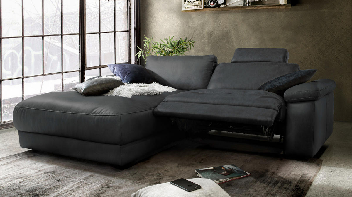 ECKSOFA MOTORISCH. RELAXFUNKTION LOLA Schwarz Leder - Schwarz, Leder (233/178cm) - KAWOLA