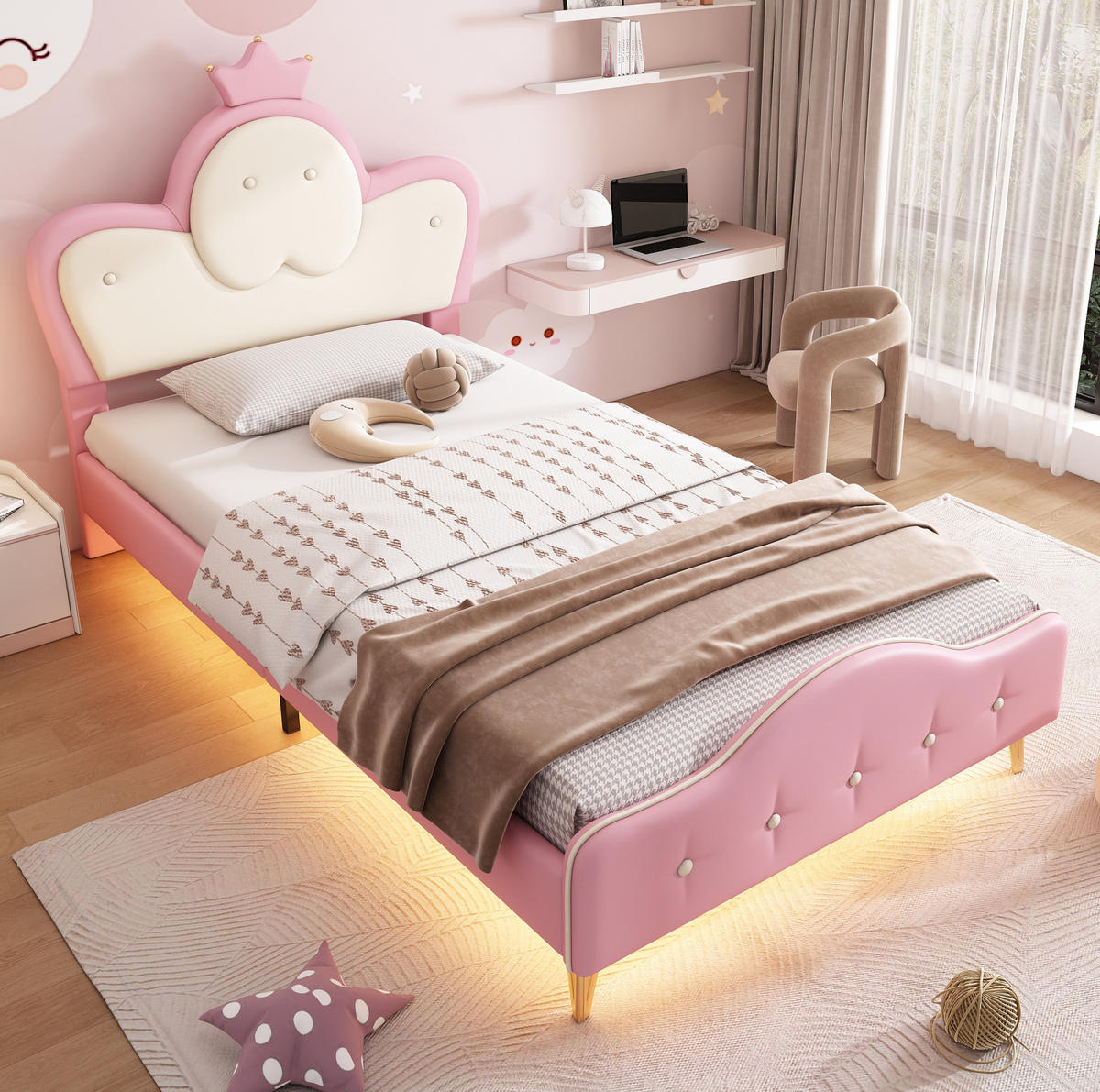 POLSTERBETT 90/200 cm Rosa Weiß mit LED-Beleuchtung und Kopfteil mit Krone - Weiß, Kunststoff (90/200cm) - OKWISH