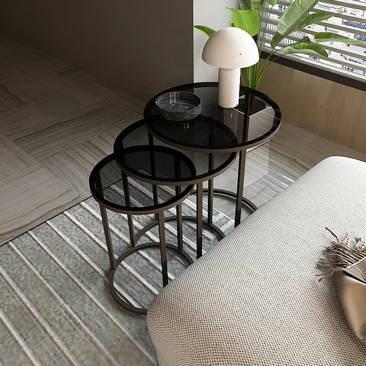 SATZTISCH Kyyjärvi im 3er Set - Grau, Glas (50/50/58cm) - [en.casa]