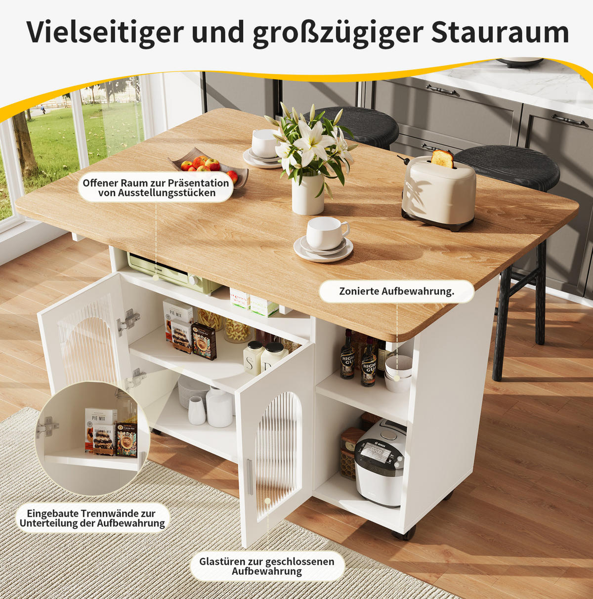 KÜCHENINSEL 120/30/79,5 cm aus MDF und Glas mit klappbarer Tischplatte Weiß - Weiß, Holzwerkstoff (120/79.5/70cm) - Modenvie