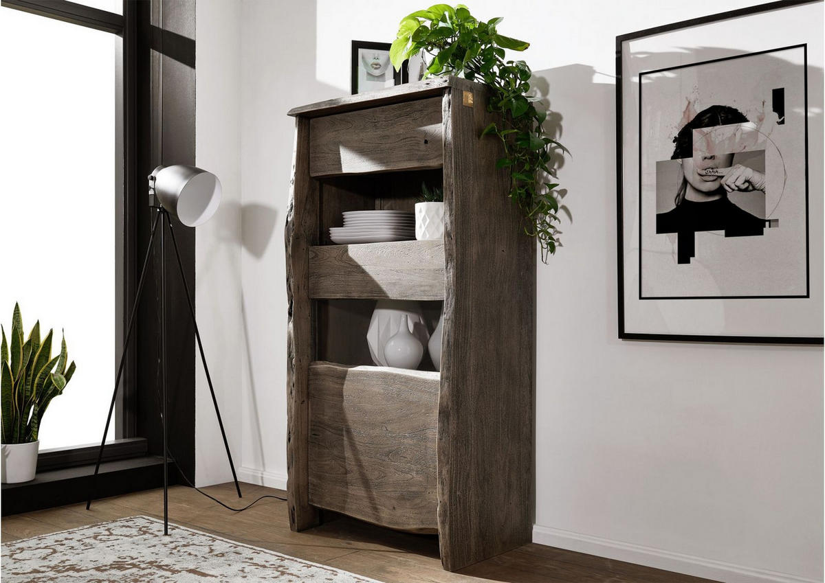 VITRINE Akazie 71x45x147 grau lackiert PURE ACACIA #405 - Grau, Holz (71/147/45cm) - Massivmoebel24