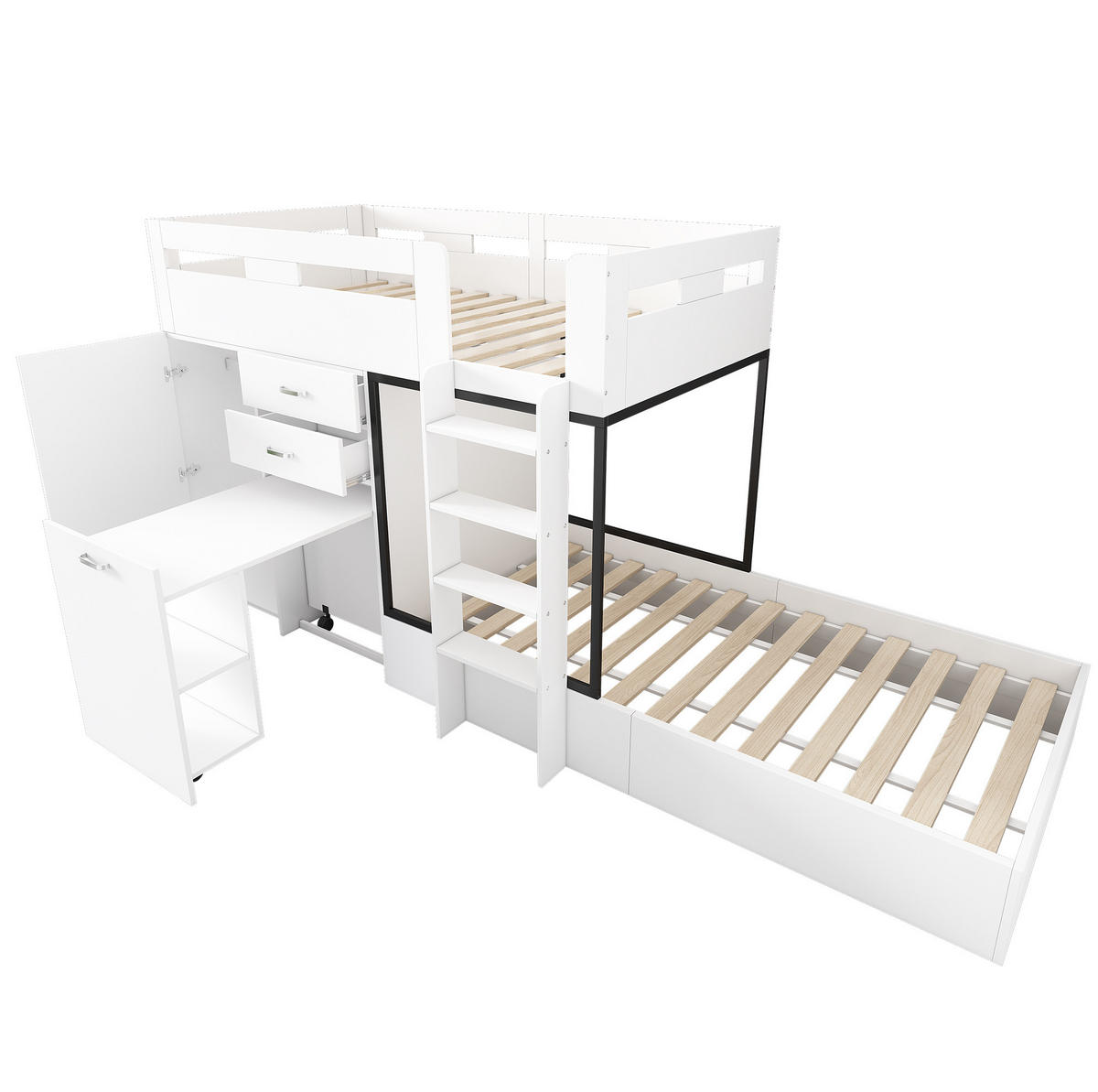 POSCHODOVÁ posteľ 90/200 cm biela/čierna s výsuvným písacím stolom a šatníkom z MDF - biela, kompozitné drevo (90/200cm) - OKWISH