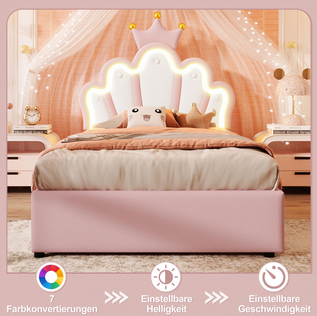 KINDERBETT 90/200 cm in Rosa aus PU mit LED-Beleuchtung und Stauraum - Rosa, Leder (90/200cm) - Flora Grace