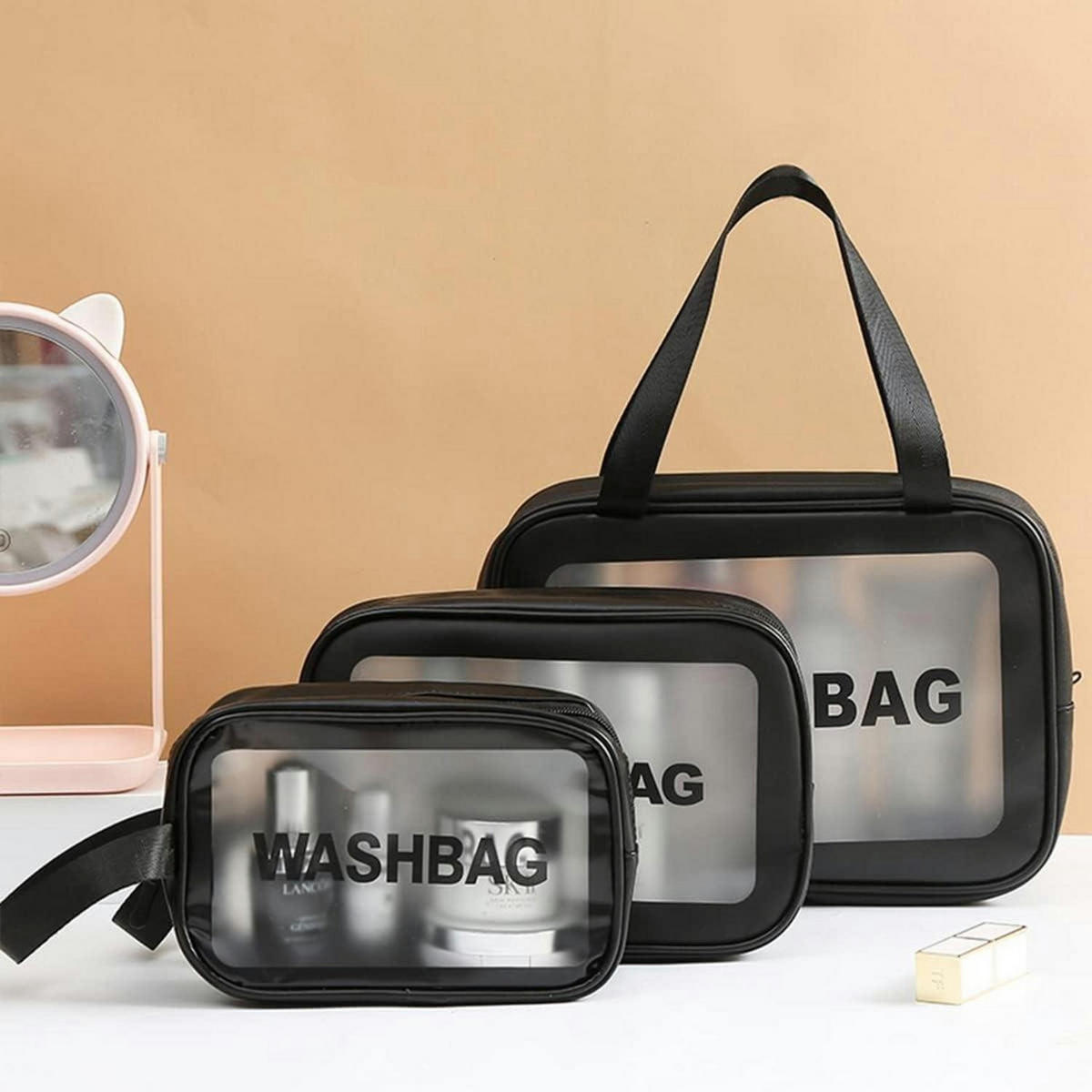 KULTURTASCHEN Set 3-teilig Transparent Wasserdicht Schwarz - Transparent, Kunststoff (14/12/22cm)