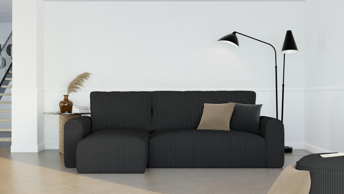 ECKSOFA mit Schlaffunktion und Bettkasten, Schwarz - Schwarz, Holzwerkstoff/Textil (244/98cm) - Idohome