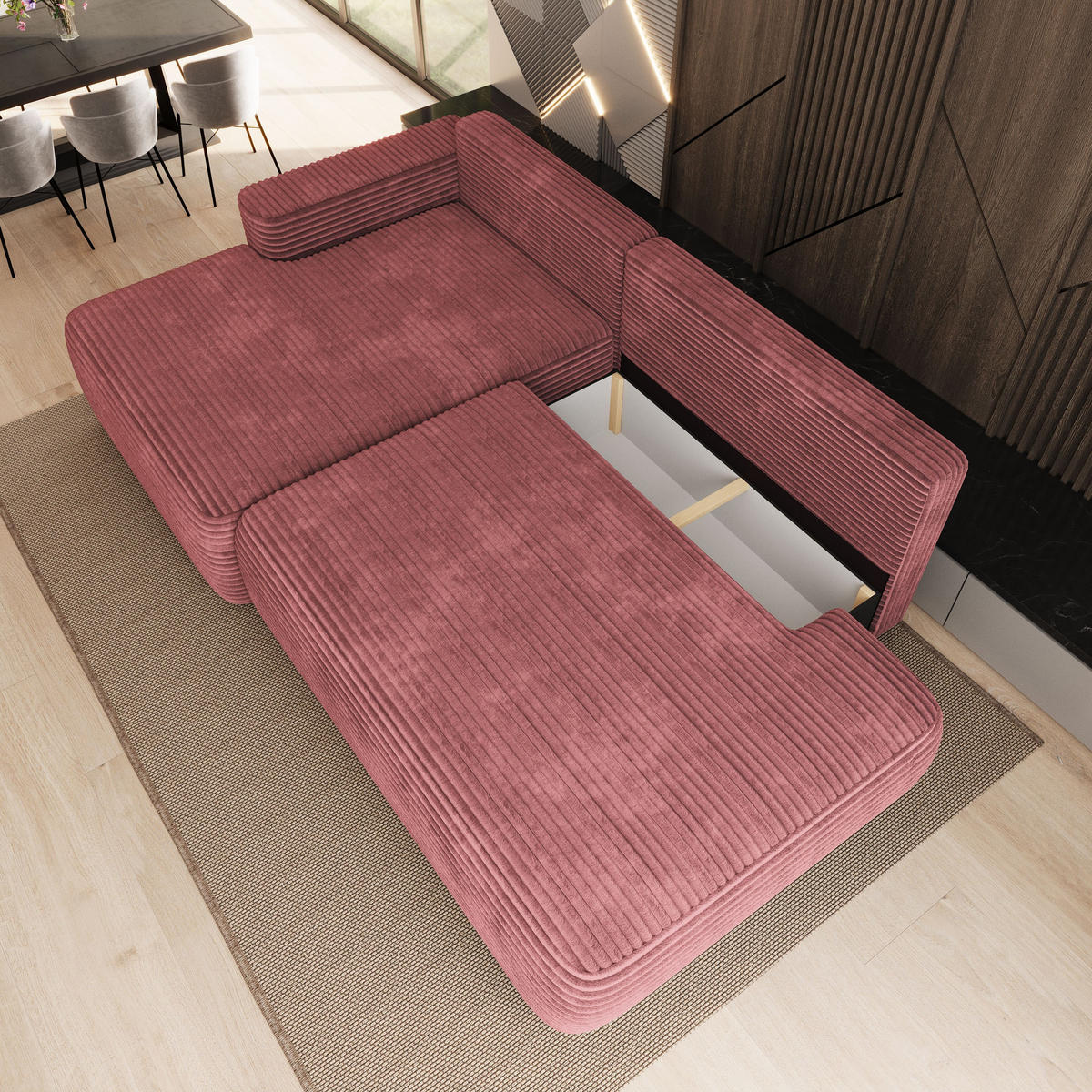 ECKSOFA AVINI T L-S Rosa Kordstoff mit Schlaffunktion - Rosa, Holzwerkstoff/Textil (277/160cm) - MASSENO