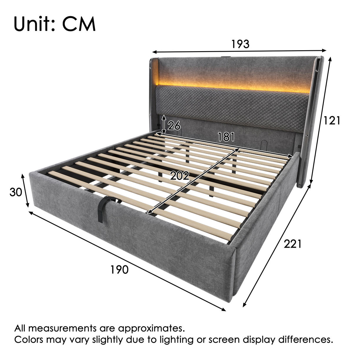 POLSTERBETT 180/200 cm Grau mit hydraulischem Stauraum und LED-Beleuchtung - Grau, Textil (180/200cm) - OKWISH