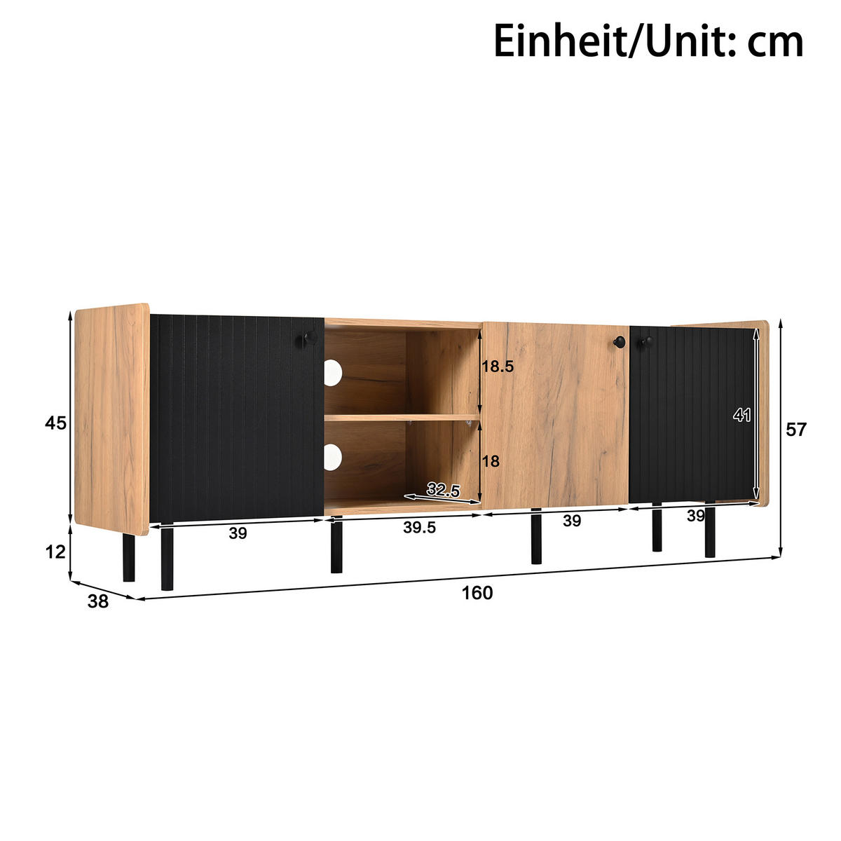 TV SCHRANK mit Drei Türen und Zwei Offenen Fächern - Schwarz/Braun, Holzwerkstoff (38/57/160cm) - Urban Meuble