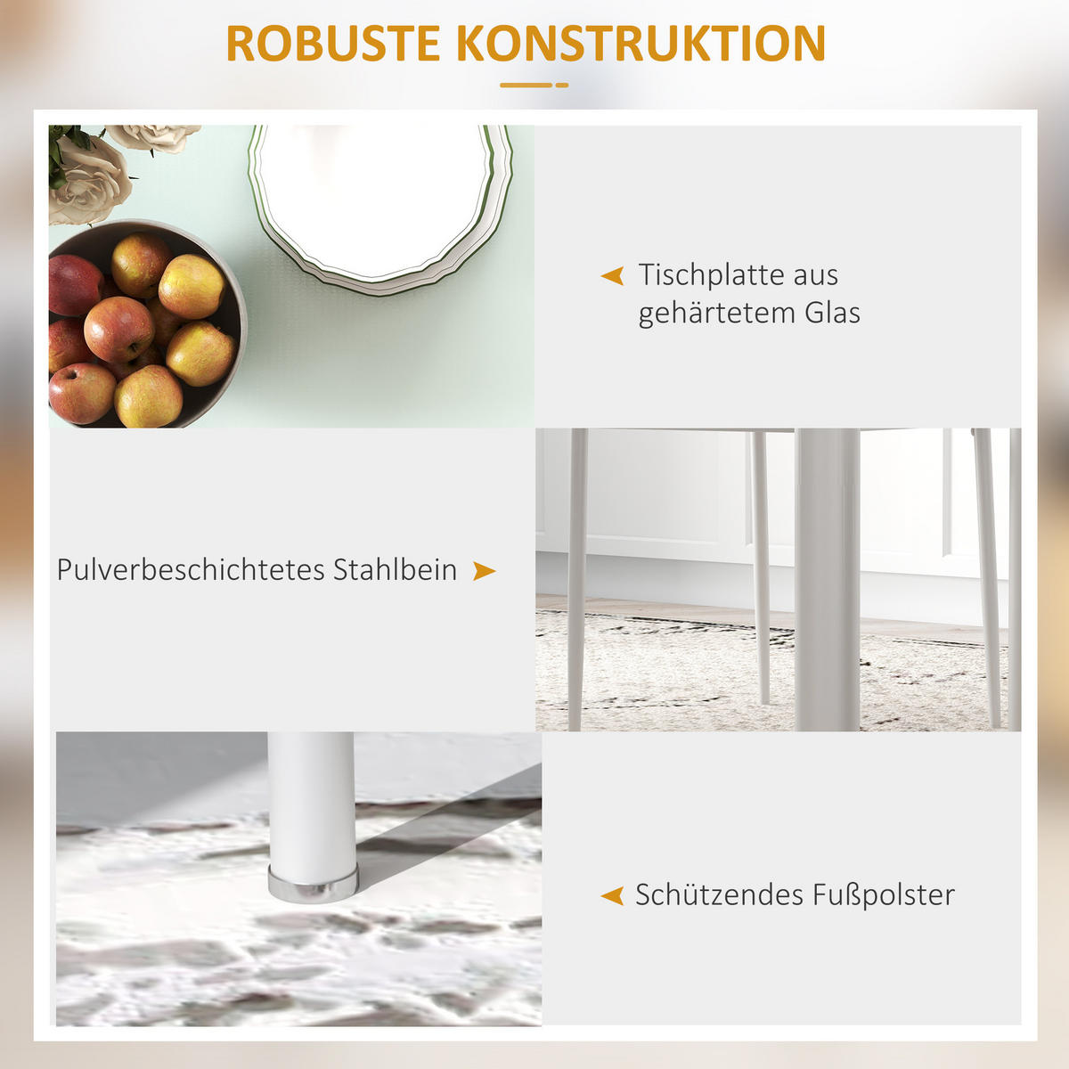 5-TLG. Essgruppe, Esstisch mit 4 Stühlen, Küchentisch mit Hartglasplatte Weiß - Weiß, Kunststoff (60/97/120cm) - HOMCOM