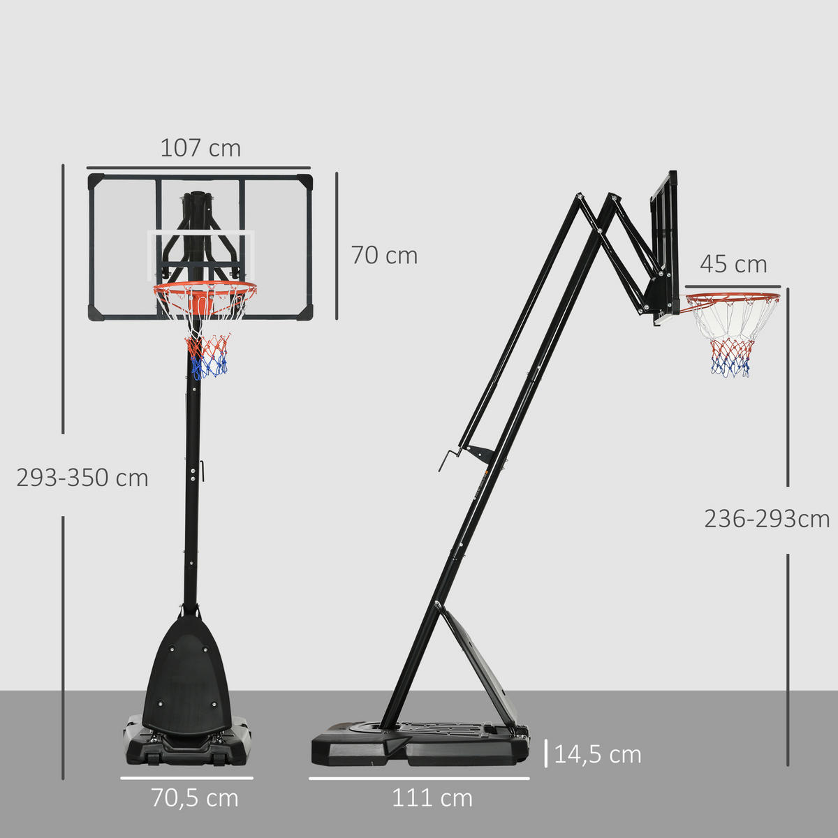 BASKETBALLSTÄNDER 236–293 cm Basketballkorb mit Ständer, Rollen Basketballanlage - Schwarz, Metall (70.5/111cm) - SPORTNOW