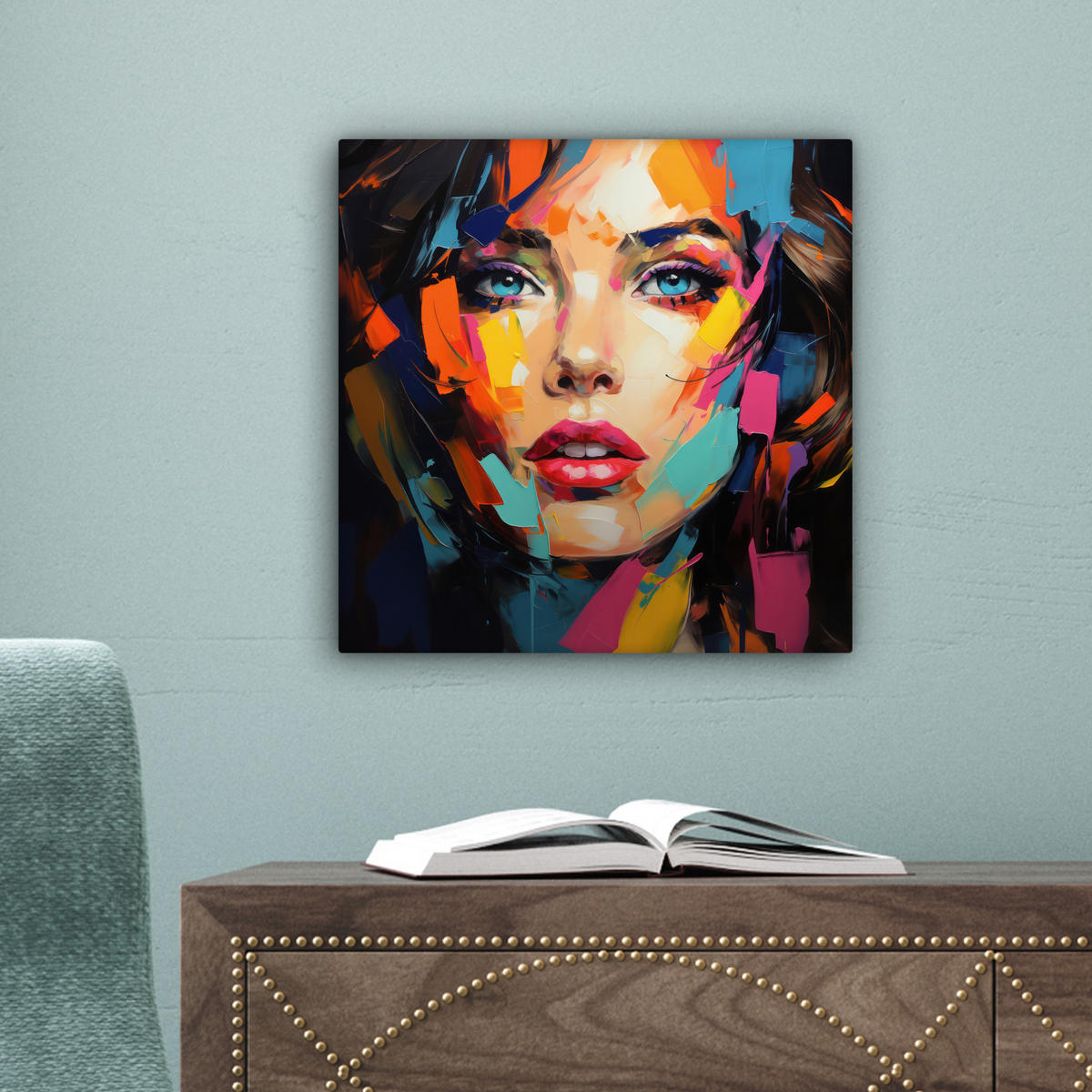 LEINWANDBILD Frau - Porträt - Farbenfroh - Kunst Deko Wohnzimmer 20x20 cm - Multicolor, Textil (20/20cm) - MuchoWow