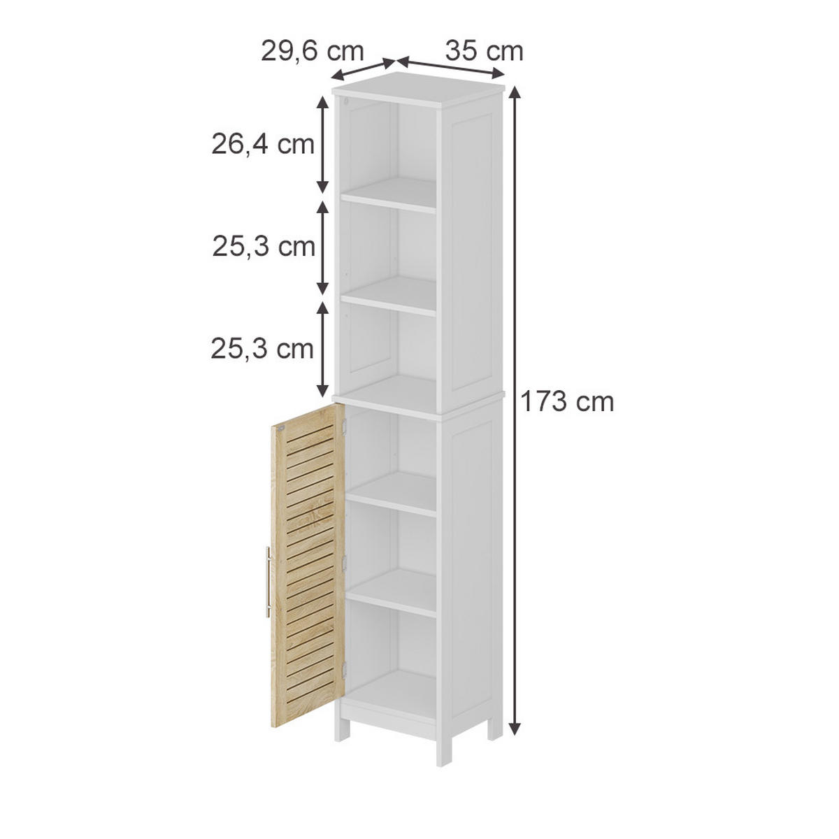 HOCHSCHRANK Looma Weiß/Eiche 35 x 173 cm mit 6 Fächern - Weiß, Holzwerkstoff (35/173/29.6cm) - Vicco