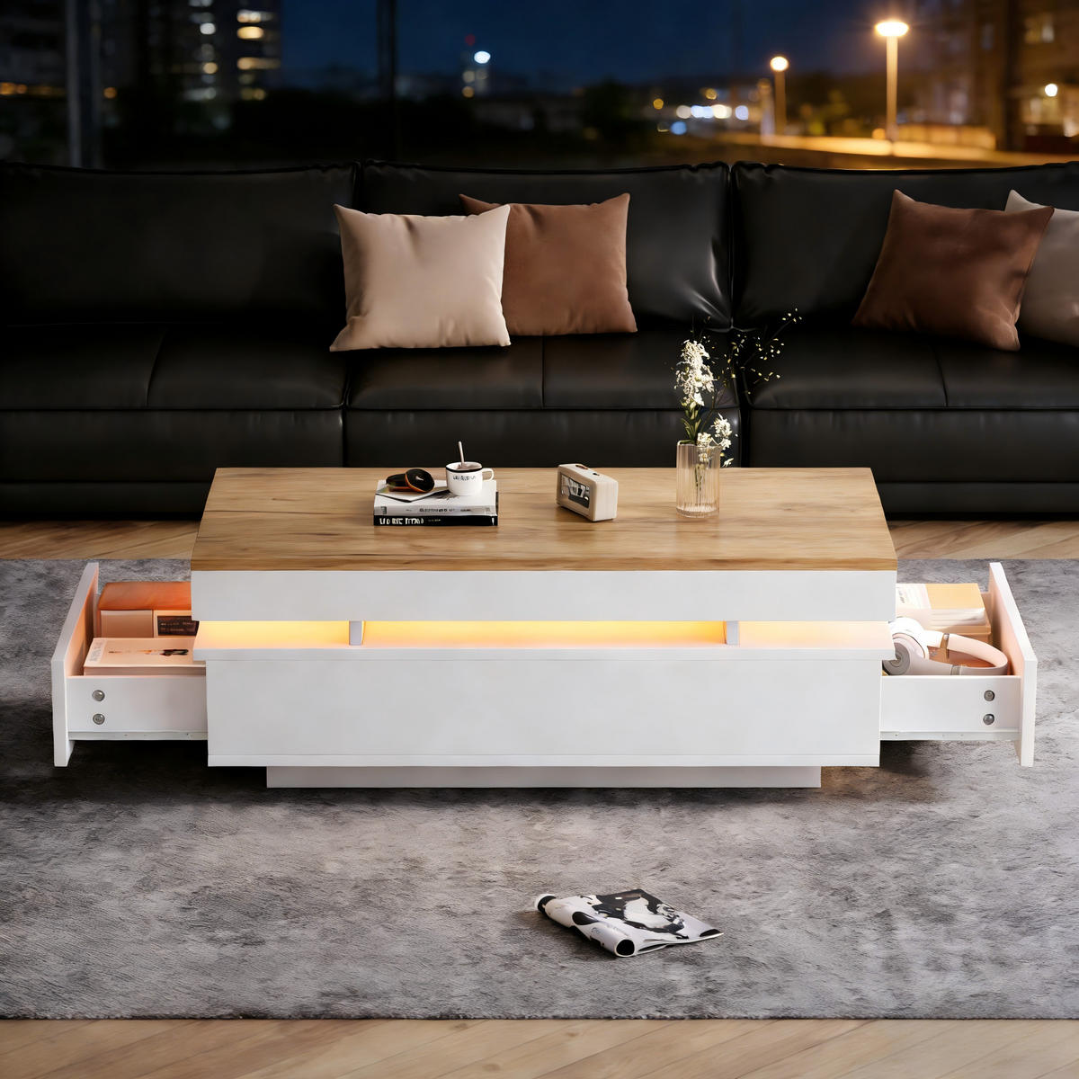 COUCHTISCH mit 2 Schubladen Spanplatte 30kg Tragkraft leise Schienen Ambientebeleuchtung modern - Weiß/Naturfarben, Holzwerkstoff/Metall (100/50/35cm) - EVRYAE