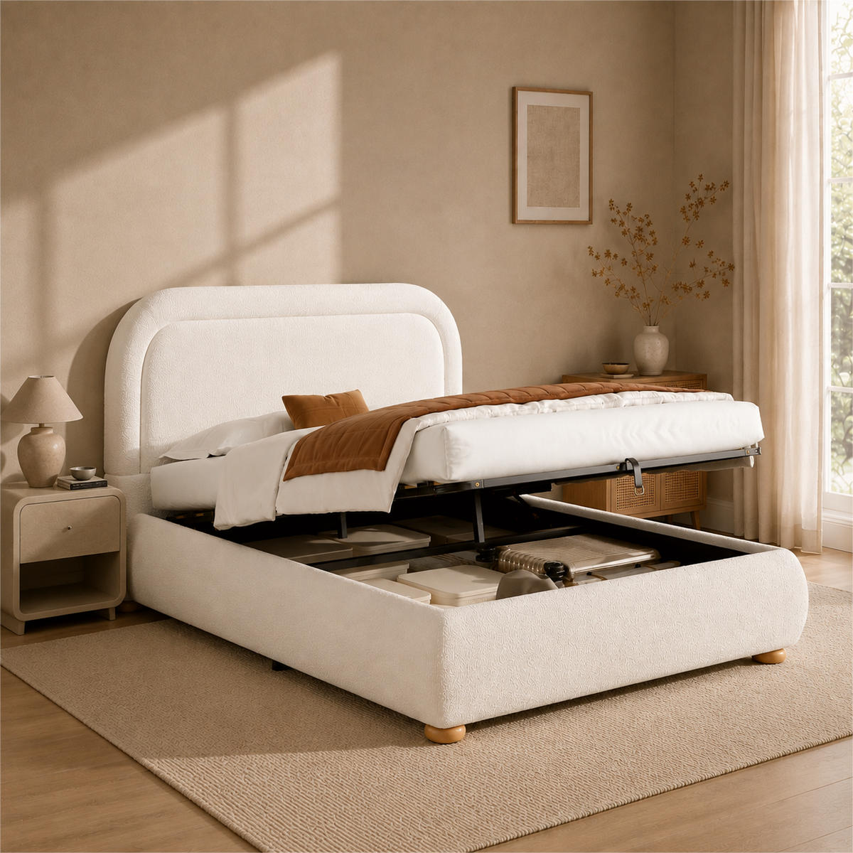 POLSTERBETT 160x200 cm Weiß Bouclé mit Stauraum - Weiß, Textil (160/200cm) - FLIEKS