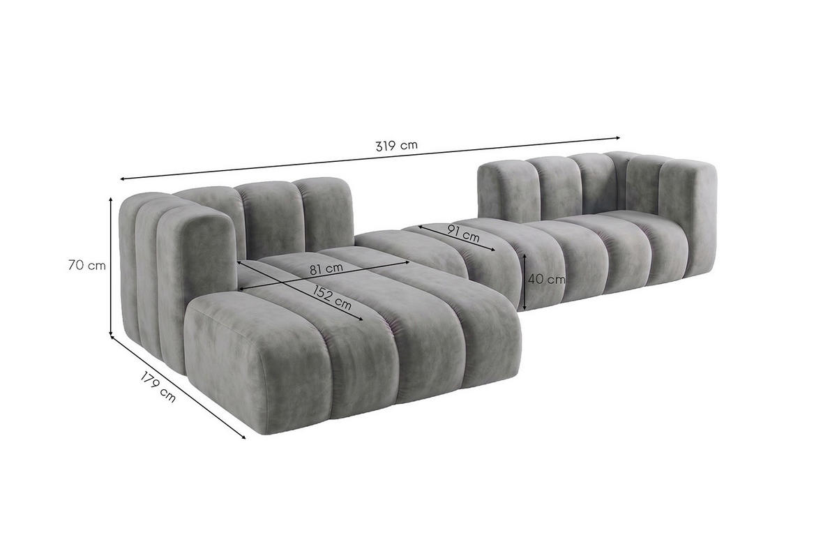 ECKSOFA Modulares In L-Form, Velvet-Stoff Riviera, Grau, Links, GRAND 319 cm - Grau, Holz (319/175cm) - Kaiser Möbel