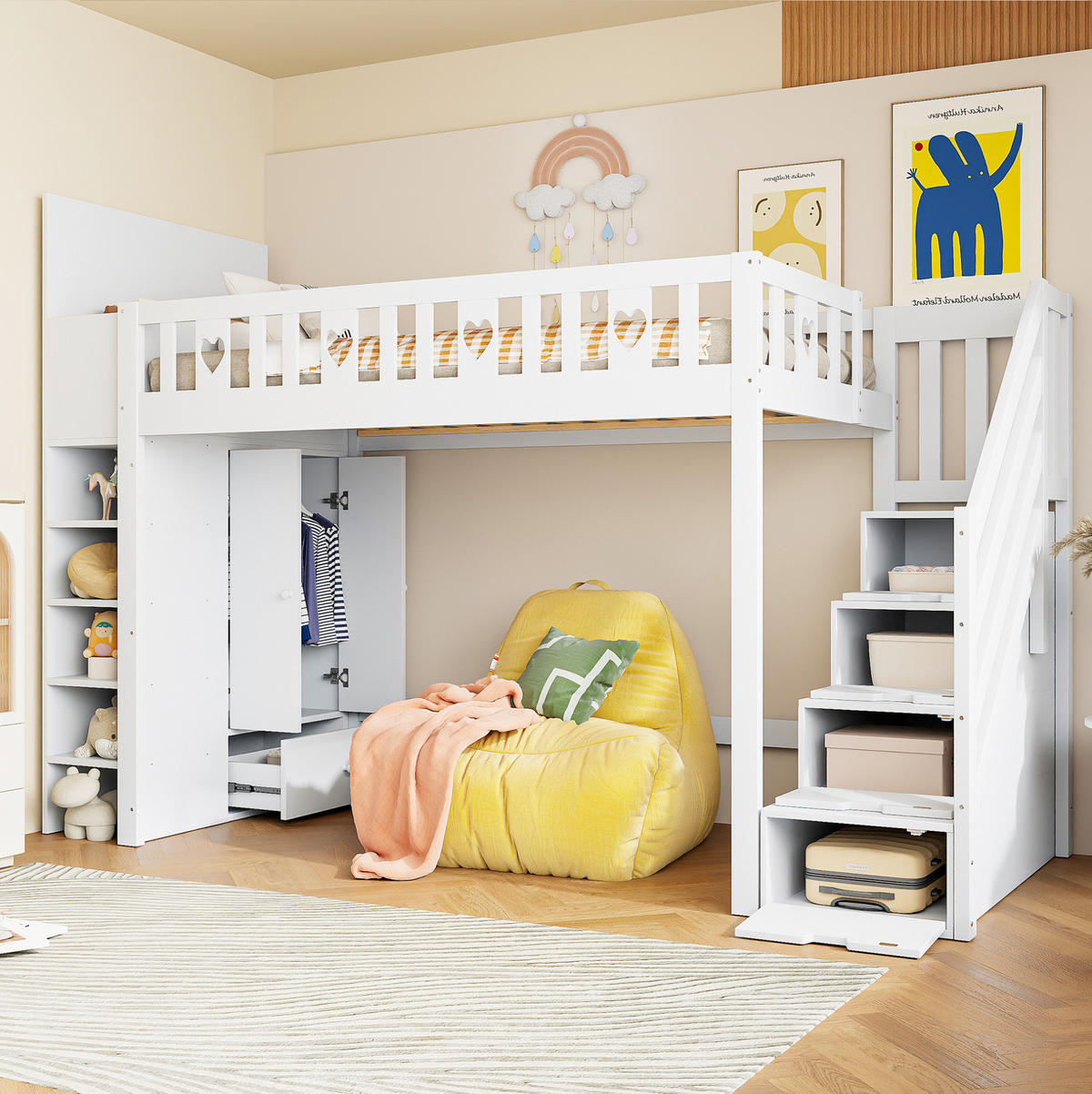 HOCHBETT 90/200 cm Weiß aus Kiefernholz und MDF mit Stauraumleiter - Weiß, Holzwerkstoff (90/200cm) - OKMYHOME