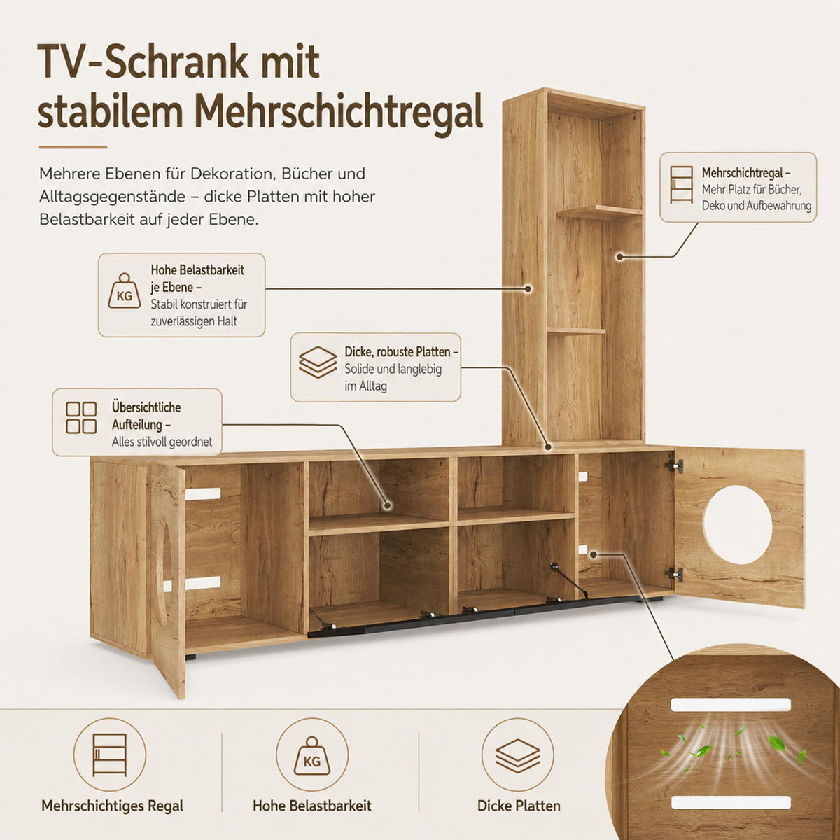 LOWBOARD mit Katzenhöhle und Regal, 185/40/162cm, Holzoptik, Schwarz - Eichefarben, Holz (185/162/40cm) - LVHOM