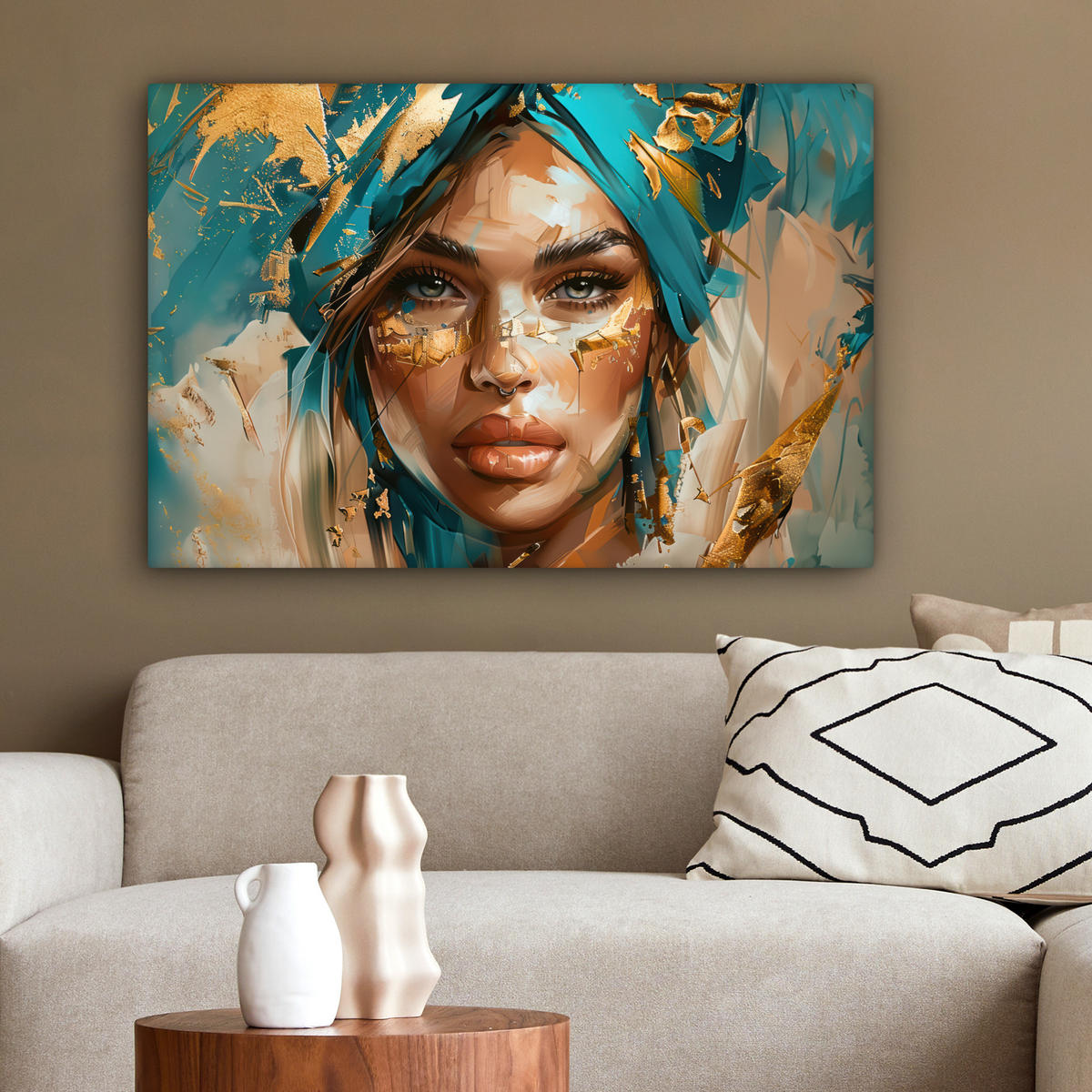 LEINWANDBILD - Frau - Porträt - Gold - Luxus - Blau - 60x40 - Wanddeko Schlafzimmer - Türkis, Textil (60/40cm) - MuchoWow