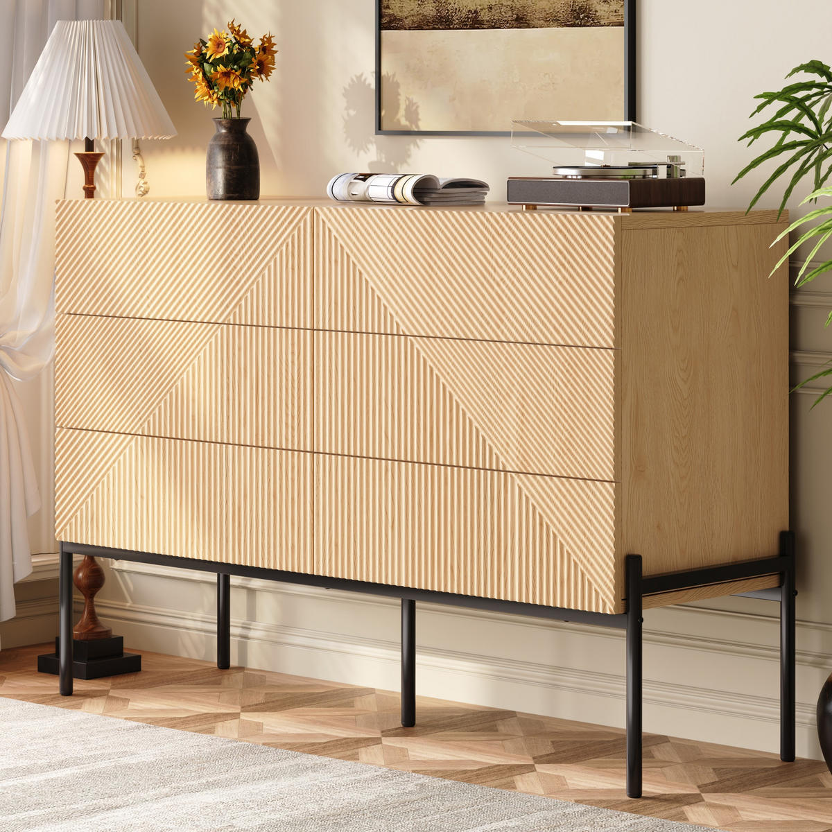 SIDEBOARD 6 Schubladen 3D Struktur - Naturfarben, Holz (115.5/75/38cm) - LEBENLANG