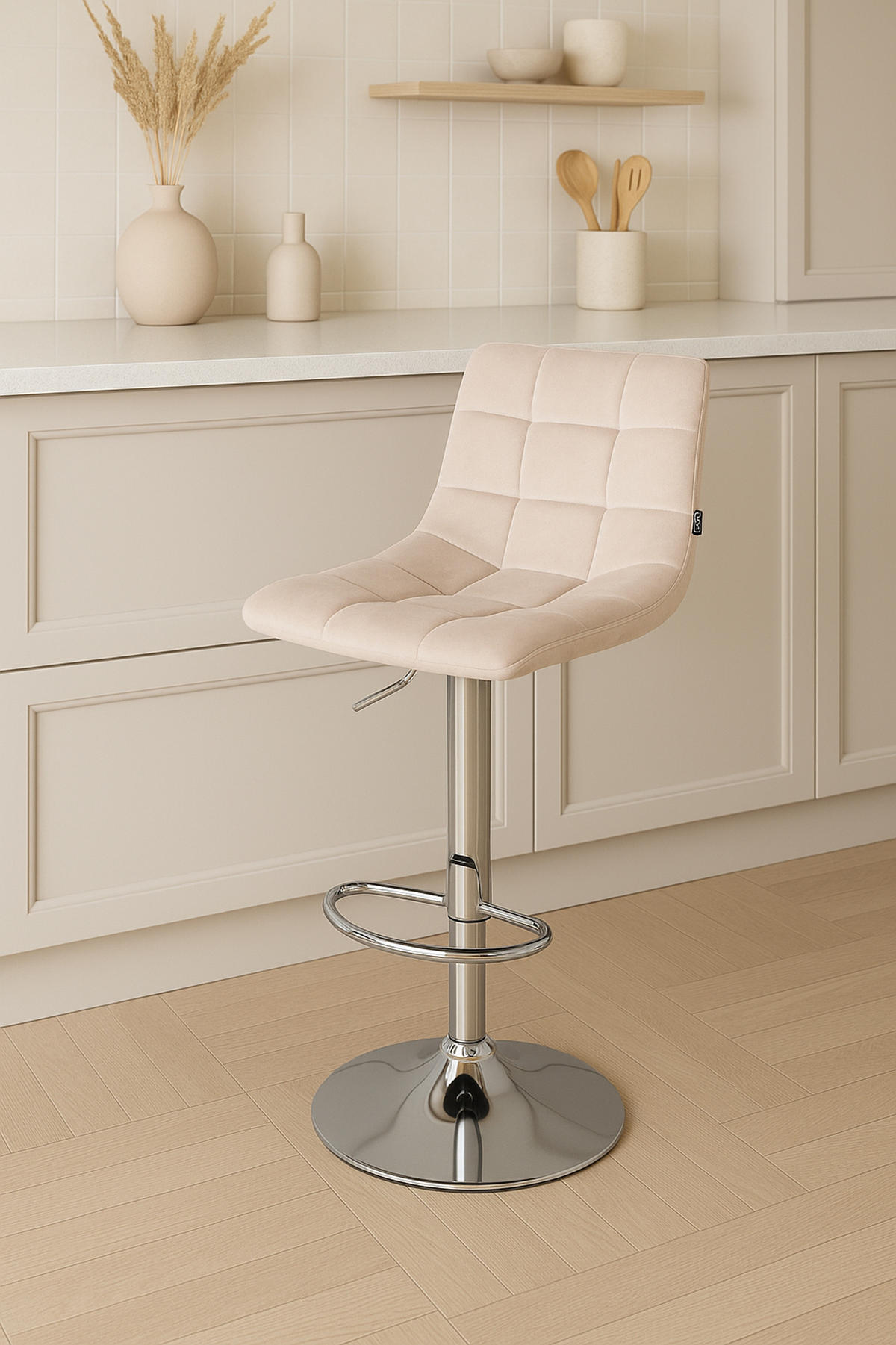 BARHOCKER 2er Set James Samt chrom beige - Chromfarben/Naturfarben, Textil/Metall (43/108.5/46.5cm) - TPFLiving