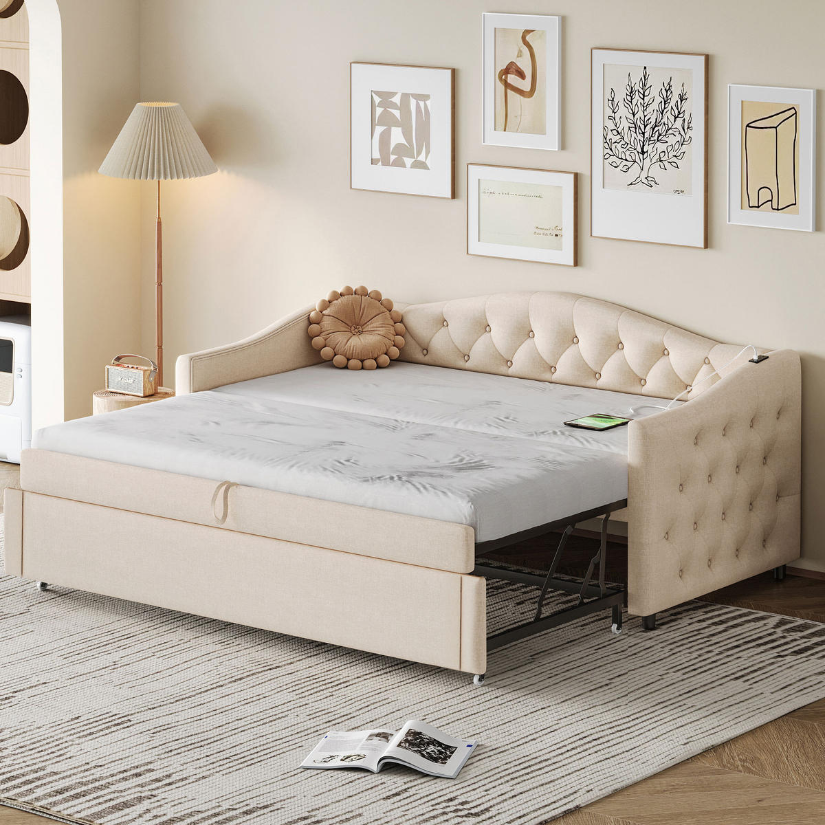 POLSTERBETT 90/200 cm Beige mit USB-Anschluss und Lattenrost - Beige, Textil (90/200cm) - OKWISH