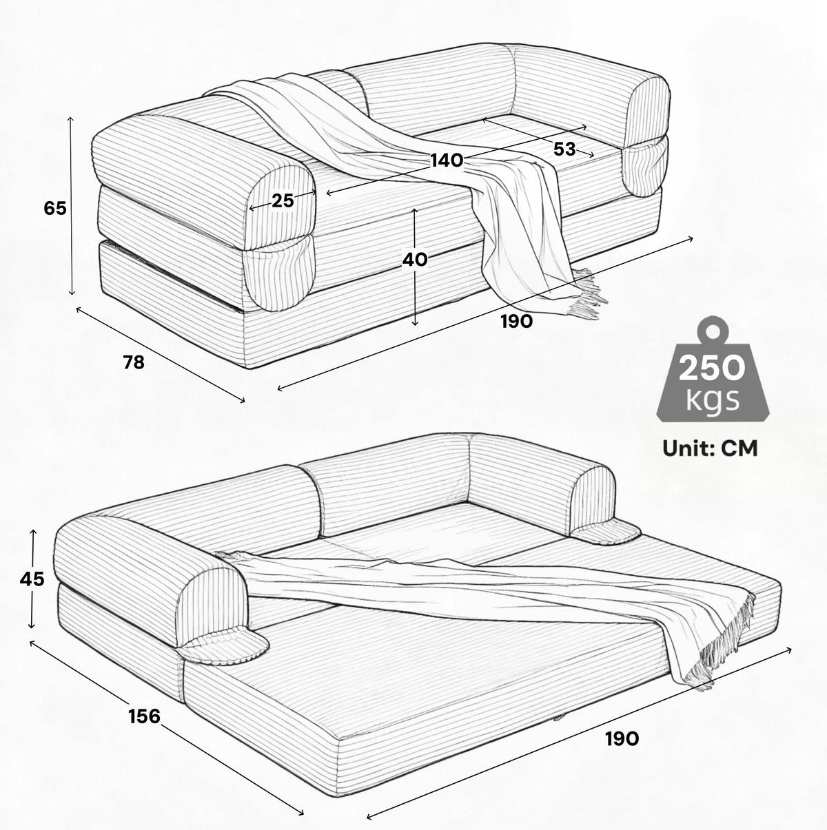 SOFA-BETT 2-Sitzer aus Rippcord Schwarz - Schwarz, Kunststoff (78/65/190cm) - Meubliv