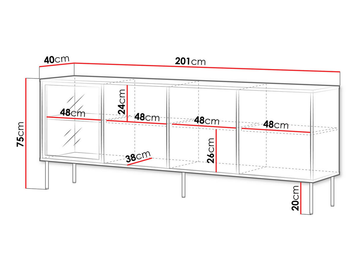 SIDEBOARD Domi 200 4D - Eichefarben/Schwarz, Holzwerkstoff/Metall (201/75/40cm) - MIRJAN24