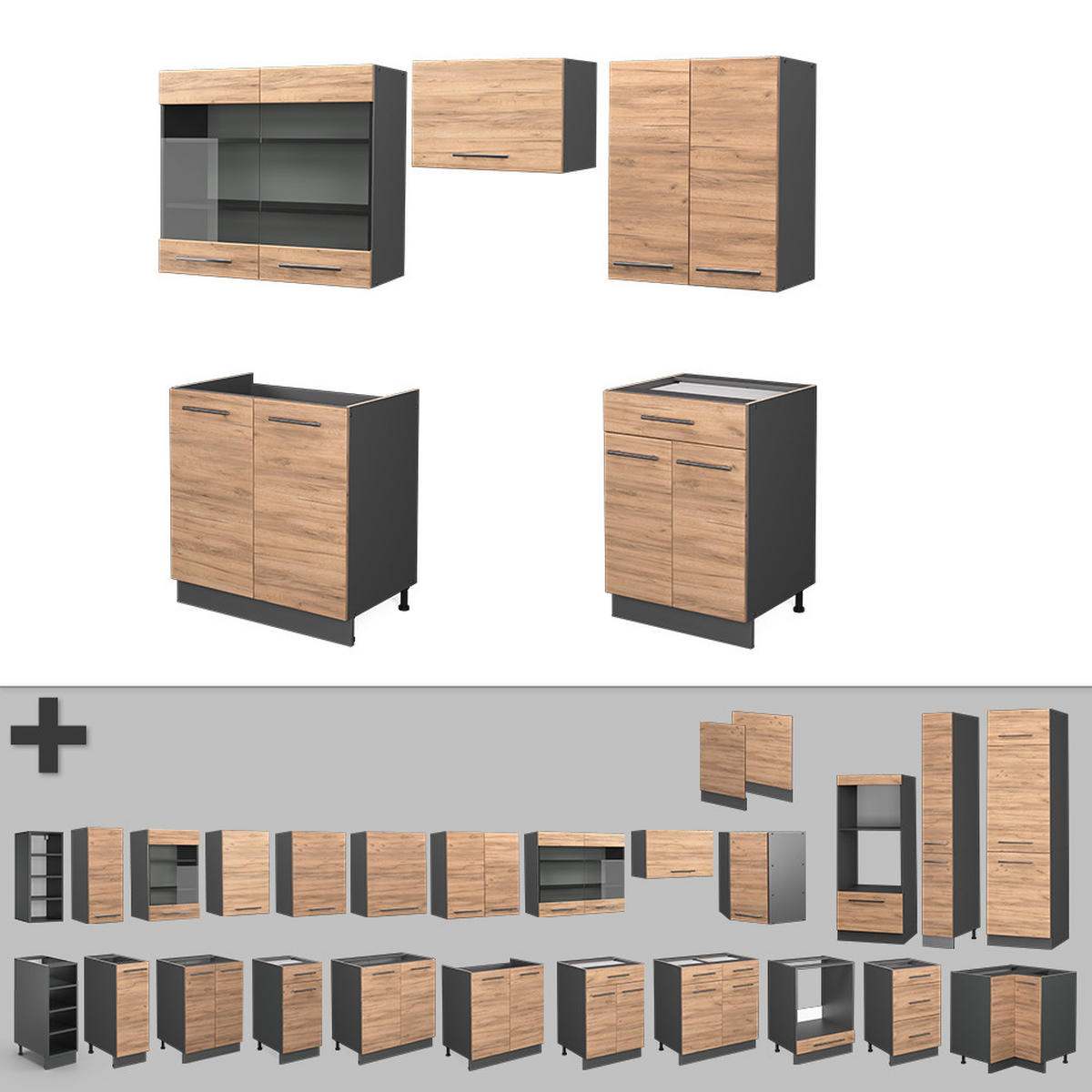 KÜCHENZEILE Fame-Line Goldkraft Eiche/Anthrazit 200 cm, AP Marmor - Honigeiche/Anthrazit, Holzwerkstoff (200/81.6/60cm) - Vicco