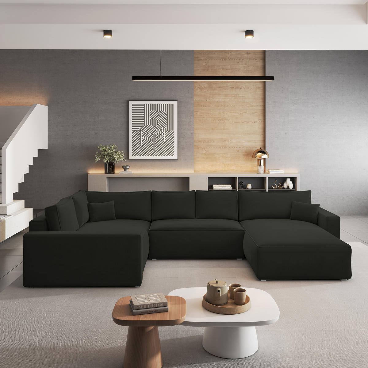 ROHOVÁ SEDAČKA VELAMI černá - šedá/černá, dřevo/textil (365/194cm) - MASSENO