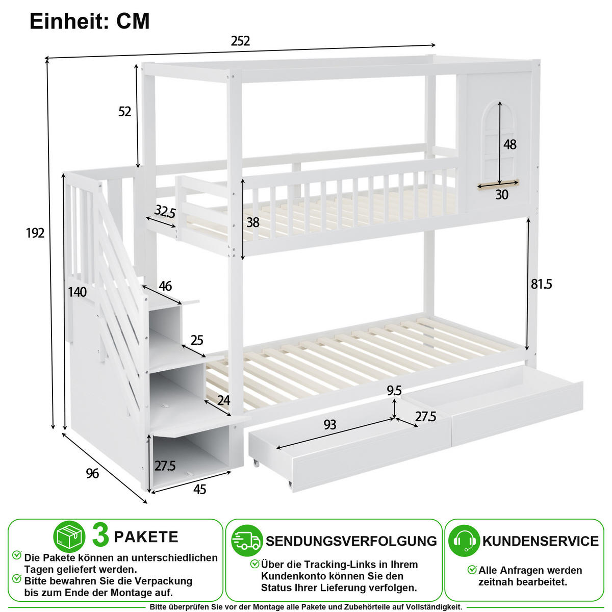 ETAGENBETT 90/200 cm & 90/200 cm in Weiß mit Schubladen, Leiter und Hausdesign - Weiß, Holz/Holzwerkstoff (90/200cm) - CHICFURN