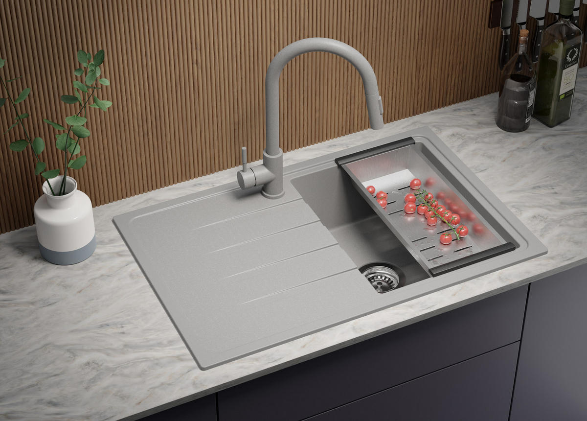 SPÜLBECKEN Mailand, 2-er set Grau 78/50 cm 1 Becken + Ablauf-Set ab 45er Unterschrank - Chromfarben/Grau, Kunststoff (78/19/50cm) - Primagran