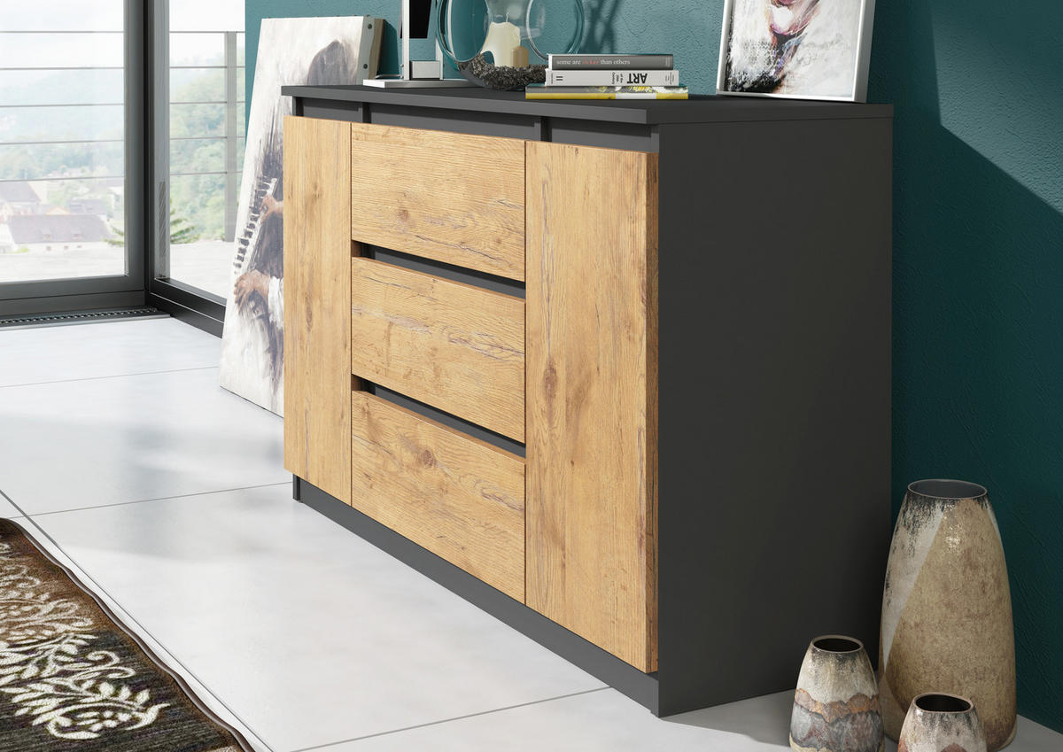 KOMMODE NUDO 120/78,5/39cm mit 3 Schubladen 2 Türen Anthrazit - Eichefarben/Anthrazit, Holzwerkstoff (120/78.5/39cm) - MASSENO