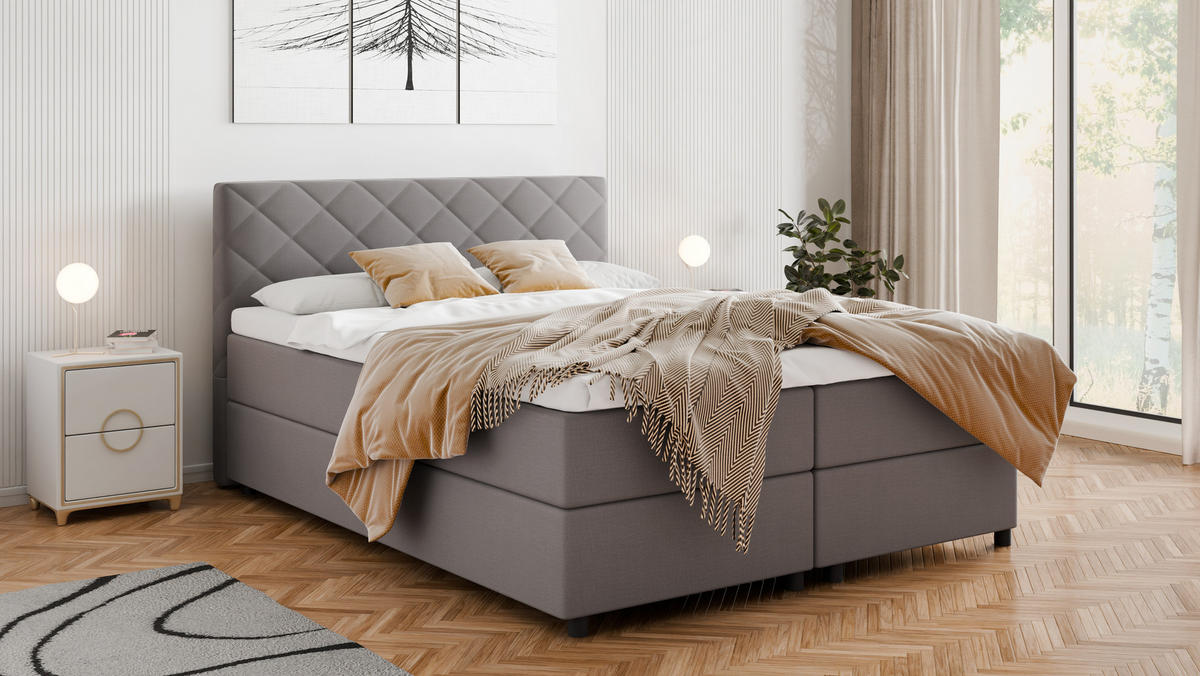 BOXBETT Diamaro 160x200 cm mit Bettkasten und Topper - Dunkelgrau - Grau, Holz (160/200cm) - Panda Möbel