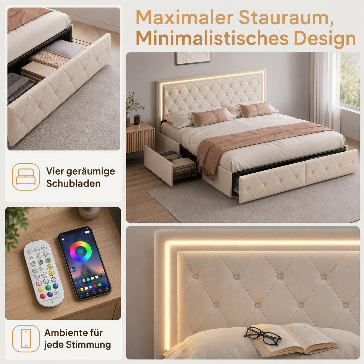 POLSTERBETT 140x200 mit RGB-LED, doppelbett mit 4 Schublade, Stauraum und Lattenrost, jugendbett 140x200 cm, PU, Ecru - Ecru, Leder/Holz (140/200cm) - GENKI LIVING