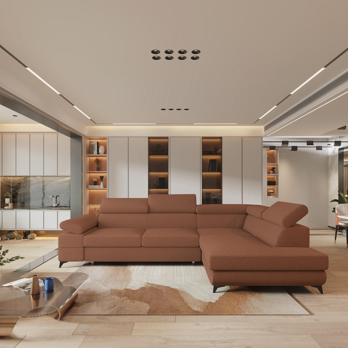 ECKSOFA FAVIEN R-S Kupferfarben Boucle-Stoff mit Schlaffunktion - Kupferfarben, Holz (257/190cm) - MASSENO