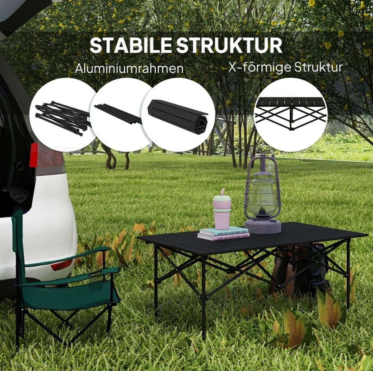 CAMPINGTISCH 95/55/50 cm klappbar mit rollbarer Tischplatte, X-Gestell aus Aluminium, Schwarz - Schwarz, Metall (95/55/50cm) - Redom