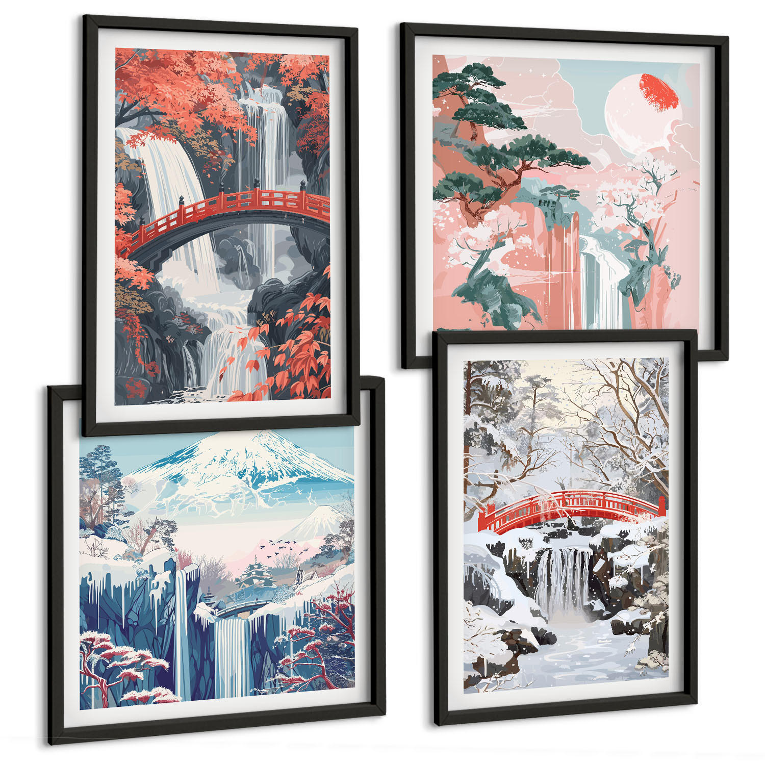 BILDER SET 4er Set - 50x50 cm & 40x60 cm Schwarzer Rahmen - Berglandschaften und Wasserfälle - Schwarz, Kunststoff (50/50cm) - TULUP
